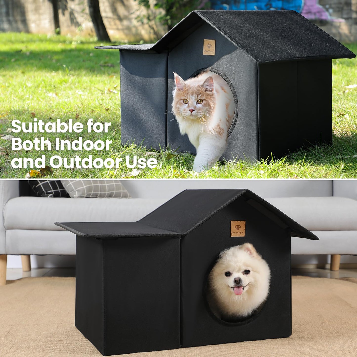 PawVogue Outdoor Cat House, Weatherproof & Insulated Cat Houses for Outdoor Cats with Waterproof Oxford Fabric and Density Board - Black