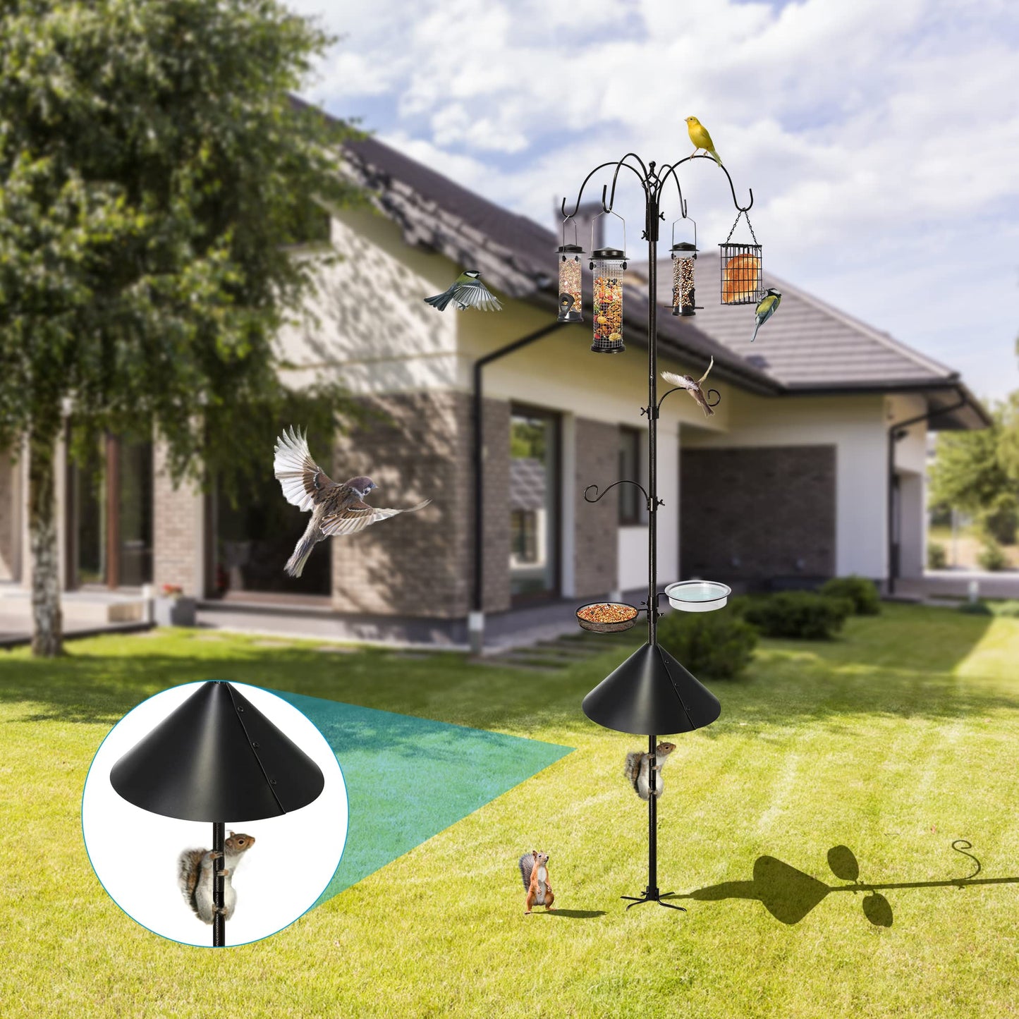 Ointo Garden 6-Hook Bird Feeding Station, Steel Multi-Feeder Kit Stand for Attracting Wild Birds w/ 4 Bird Feeders, Bird Bath, Mesh Tray and Squirrel Guard Baffle，94 Inch