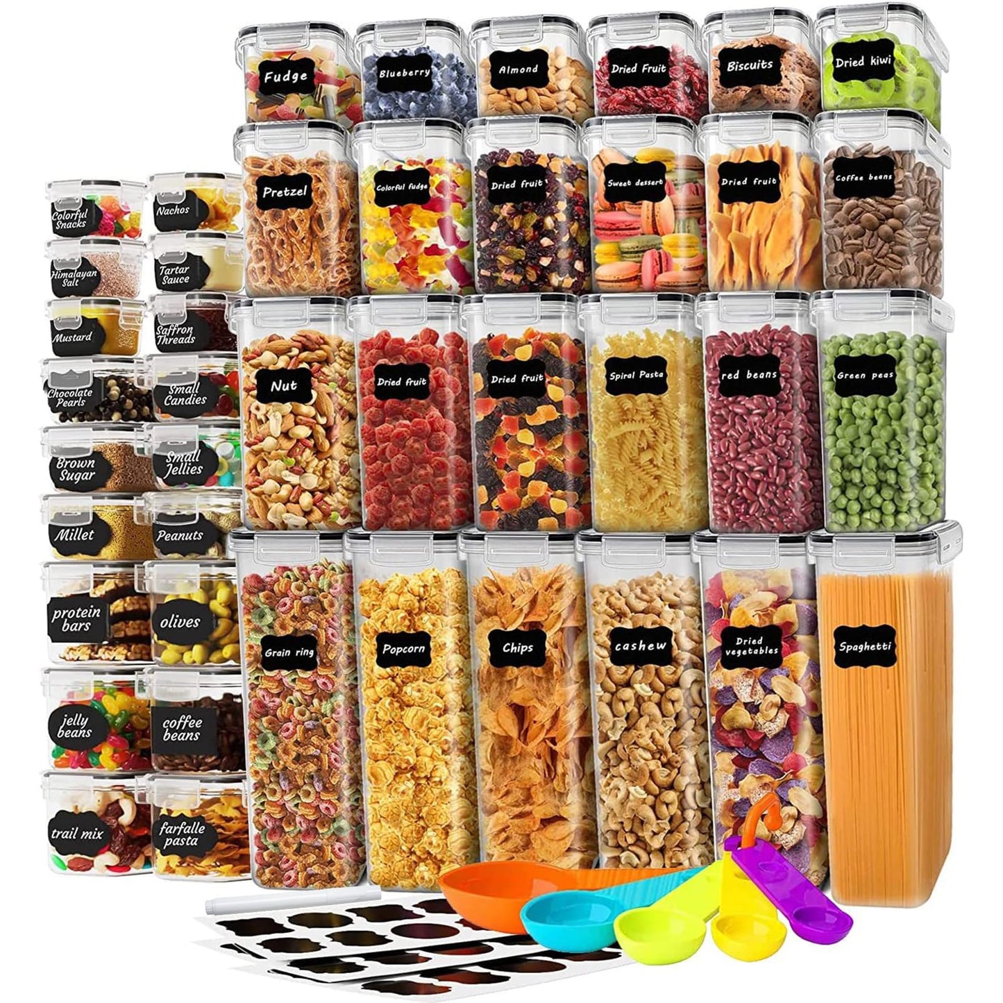 stusgo 42 Pack Airtight Food Storage Containers with Lids, Plastic Kitchen and Organization Canisters for Cereal, Flour and Sugar, BPA Free, Includes Spoons, Labels and a Pen