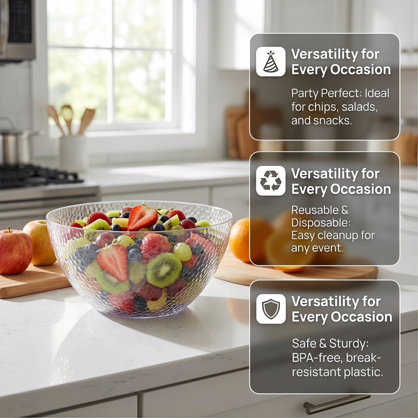 Suwimut 4 Pack Clear Plastic Serving Bowls for Parties, 135 OZ Large Round Plastic Snack or Salad Bowl, Clear Chip Bowls Plastic Candy Dish Salad Serving Containers