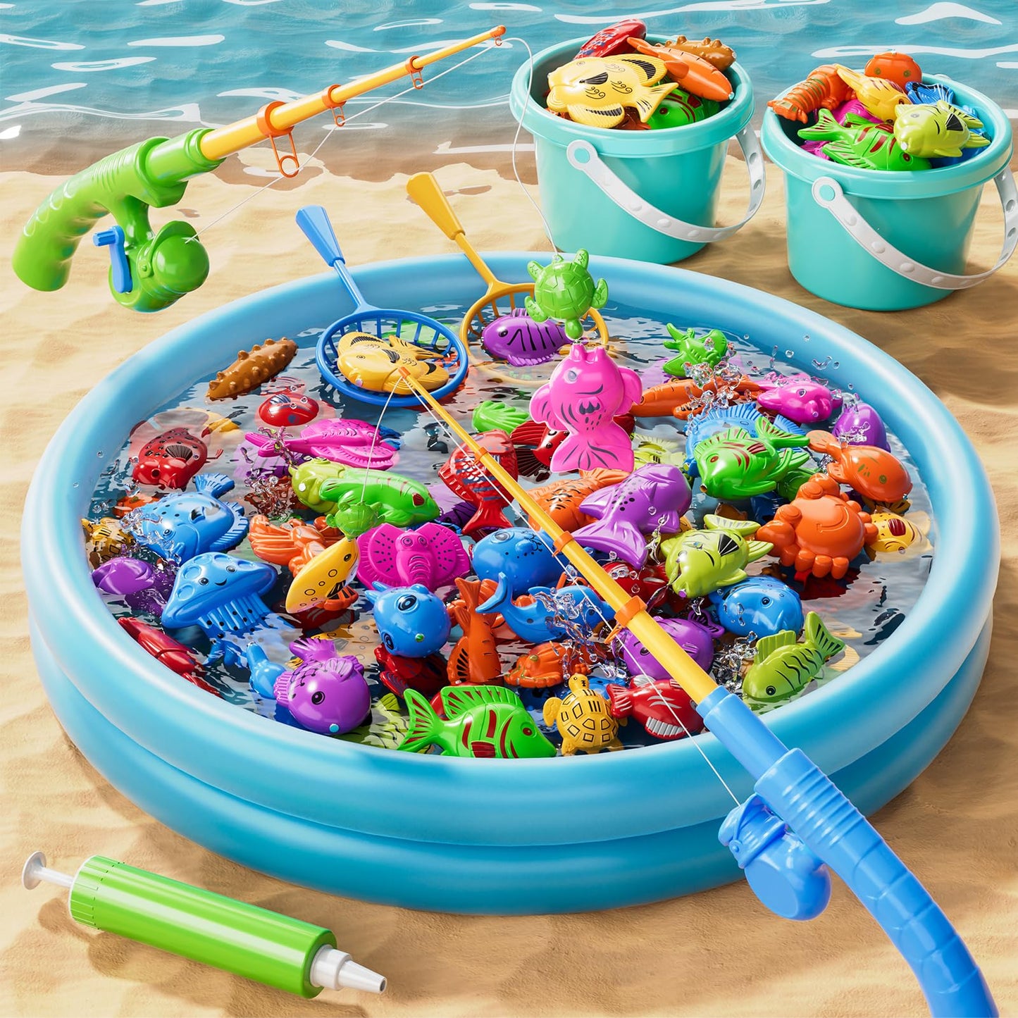 60 Pcs Magnetic Fishing Pool Toys Game for Kids Toddlers, Fishing Water Table Bathtub Toy with Inflatable Pool Pole Rod Net Bucket Plastic Floating Fish, Water Bath Pool Outdoor Toy for Kids Age 3 4 5