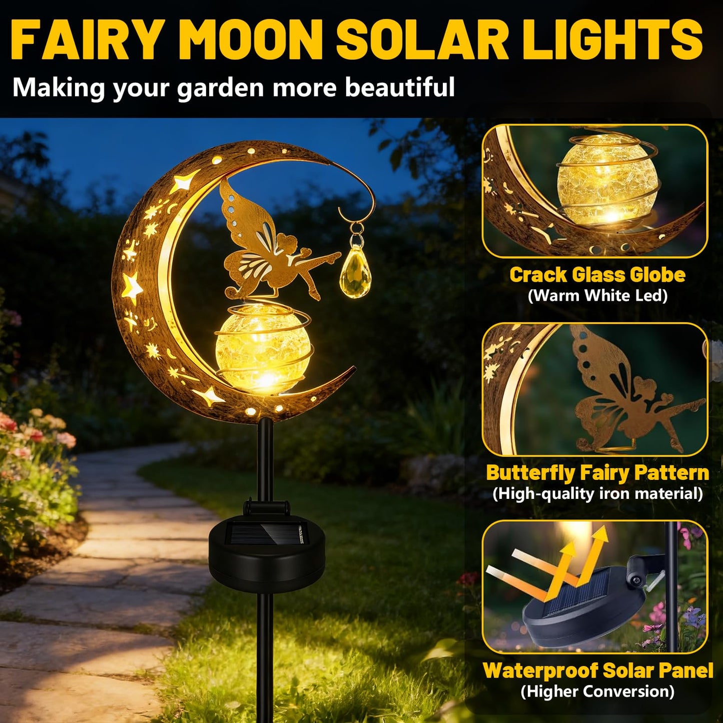 Solar Lights Garden Decorations, 2 Pack Moon Fairy Garden Solar Stake Light Outdoor with Angel Decor, Waterproof Decorative Lights for Garden, Walkway, Yard, Lawn, Patio, Courtyard