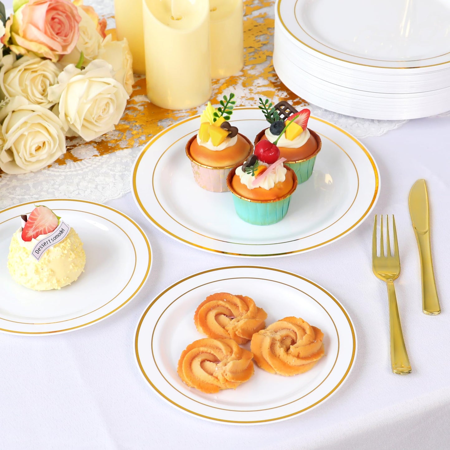 100 Pieces Gold Plastic Plates, Disposable Party Plates White Gold Rim, 50 Heavy Duty Dinner 10.25 Inch Plates and 50 Disposable Dessert Appetizer Elegant Fancy Wedding 7.5 Inch Plates