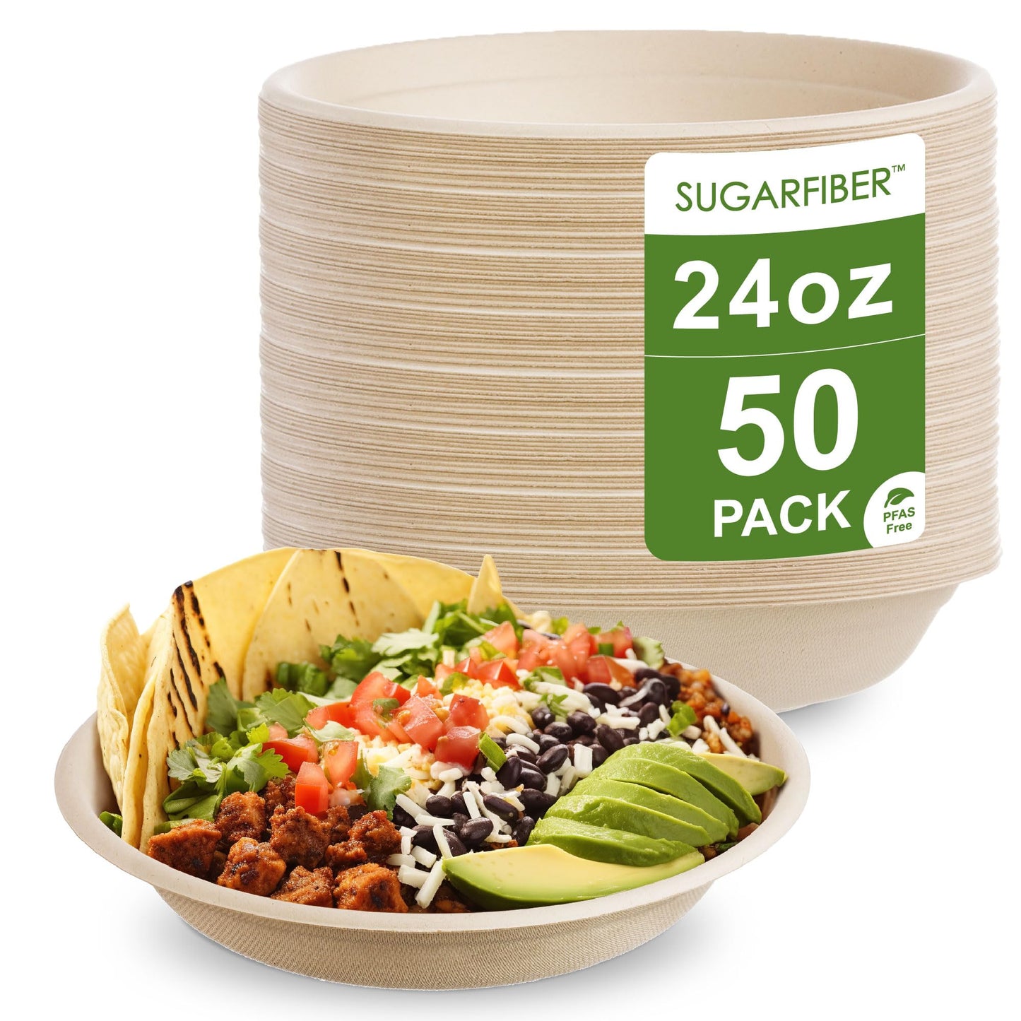 [50 Count] Sugarfiber by Harvest Pack PFAS Free 24oz Round Paper Bowls - Compostable Heavy-Duty Eco-Friendly Disposable Bagasse Bowl Sugarcane Made Plant fibers for Meal Prep