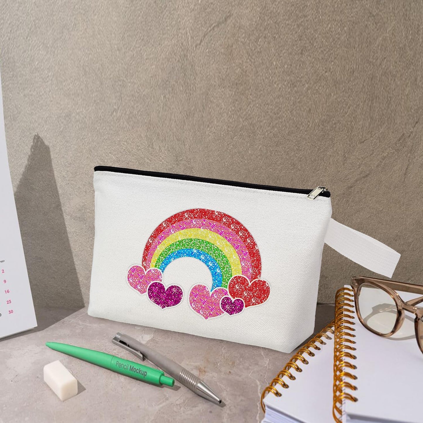 20 12Oz Canvas Pencil Pouch with Bottom and Strap, KOOLMOX Multi-Purpose Cotton Canvas Zipper Travel Toiletry Pouch, Blank for DIY Sublimation (White Bag w/Black Zipper, M, 10.2x5.5x2.1'')