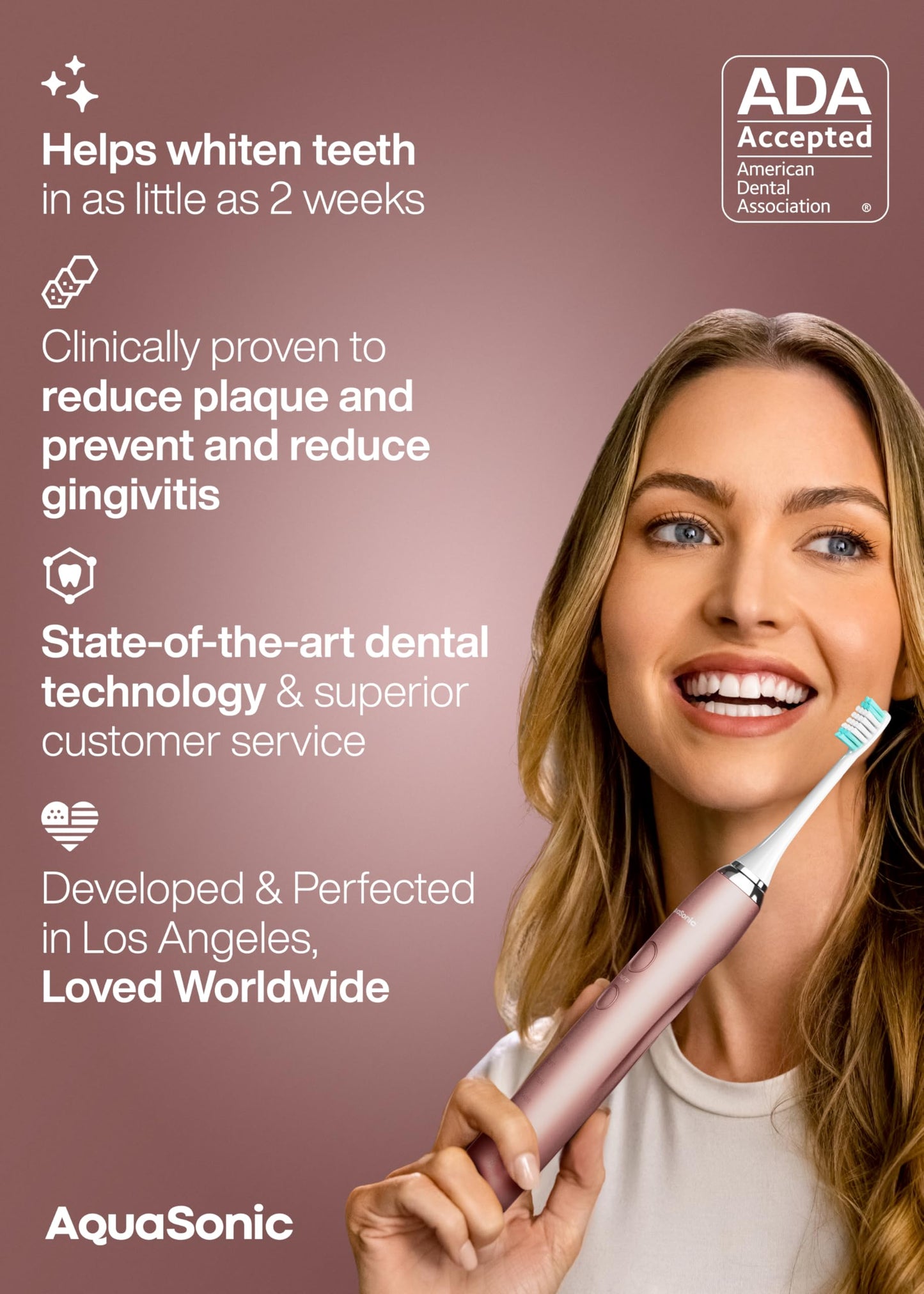 AquaSonic Vibe Series Ultra Whitening Toothbrush – ADA Accepted Power Toothbrush - 8 Brush Heads & Travel Case – 40,000 VPM Motor & Wireless Charging - 4 Modes w Smart Timer – Satin Rose Gold