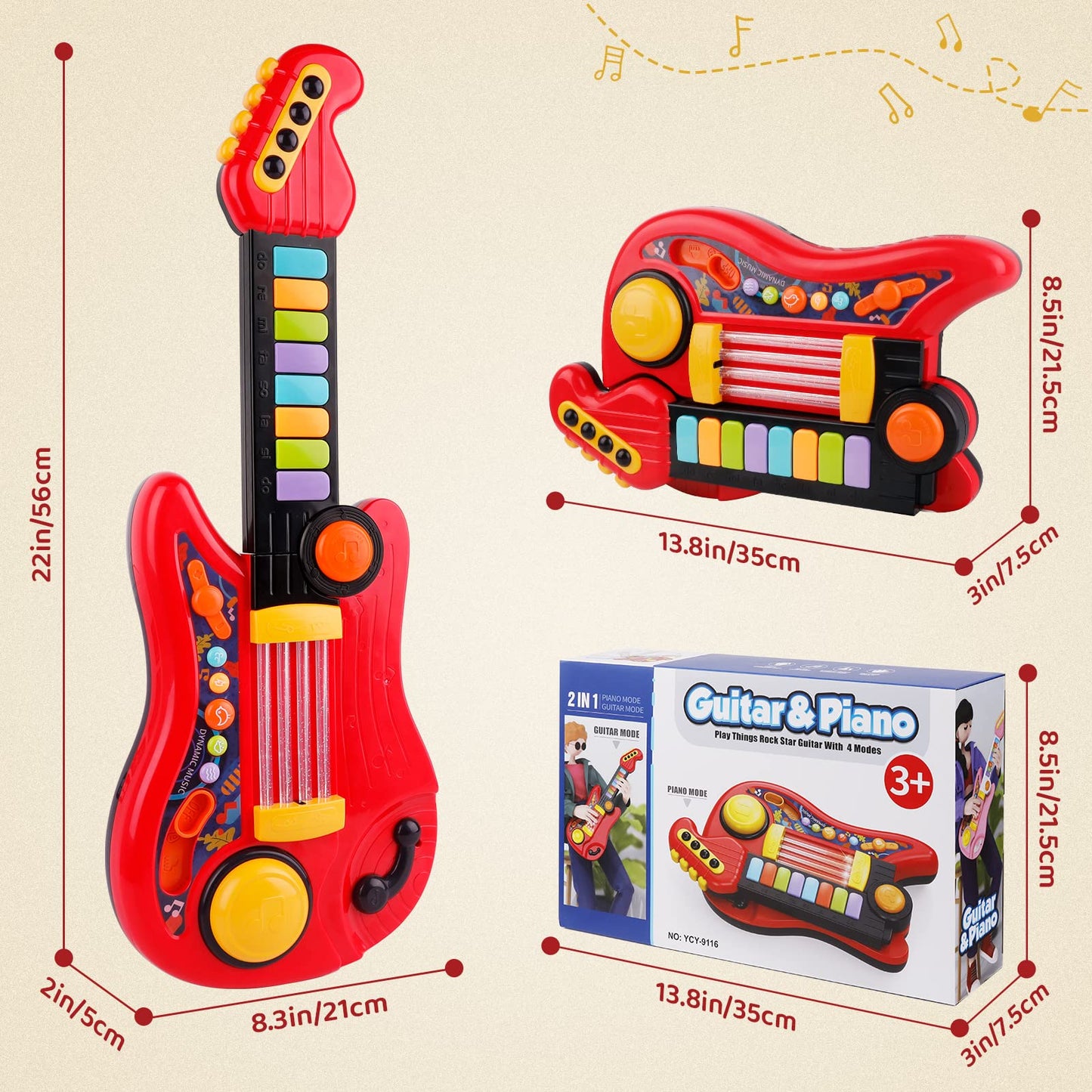 Kids Guitar 2 in 1 Musical Instruments for Kid Piano Toddler Toy Guitar with Strap Electric Guitars Music Toys for 3 4 5 Year Old Boys Girls Birthday (Red)