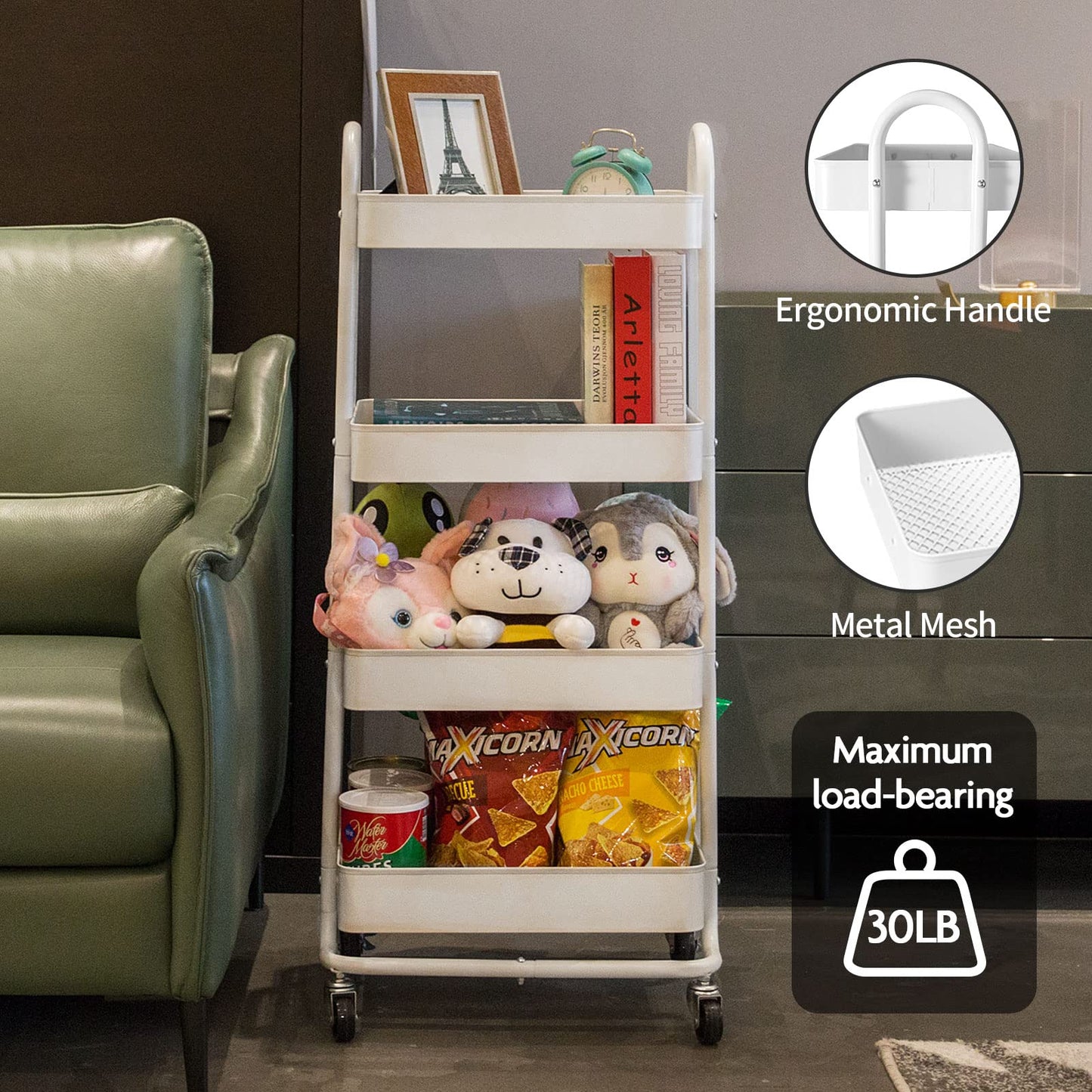 elabo 4-Tier Metal Mesh Utility Rolling Cart, Storage Organizer Trolley Services Cart with Lockable Wheels for Kitchen, Bathroom, Living Room (White)