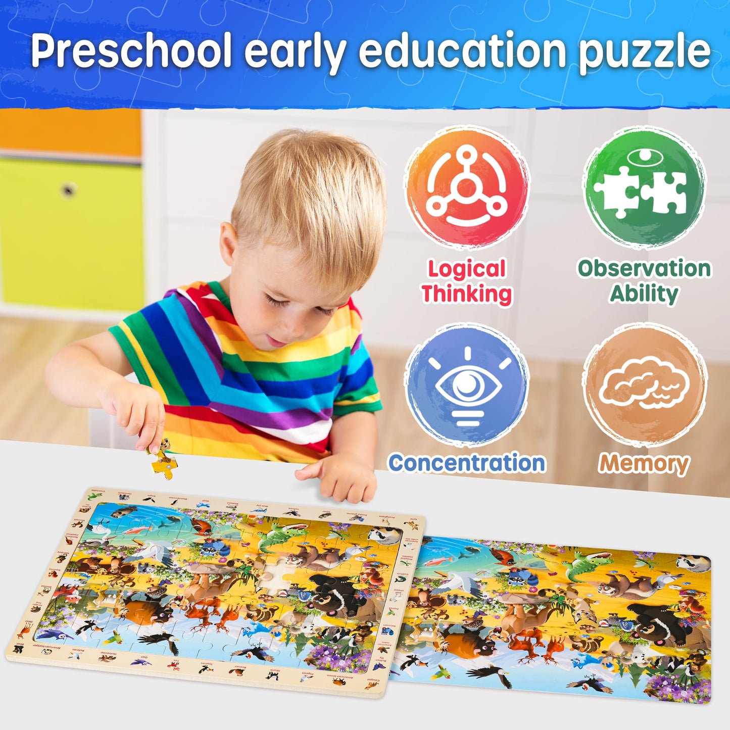 SYNARRY Wooden Dinosaur Farm Ocean Animal Puzzles for Kids Ages 4-6, 4 x 60 Piece Match & Find Puzzles for Kids Ages 3-5 Boys Girls, Preschool Educational Puzzle Toddlers Gifts for 4-8 Year Old