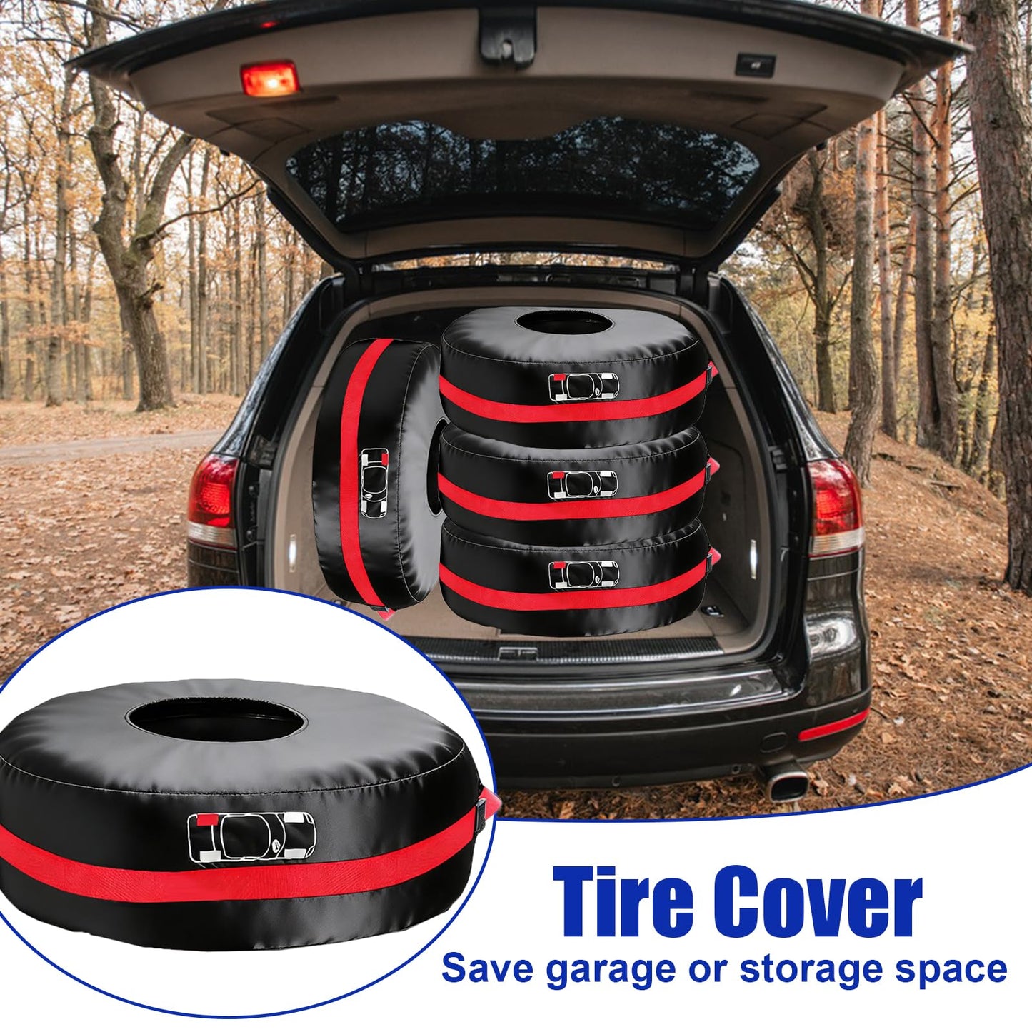 LOMGDOVC 4 Pack Polyester Tire Covers, Waterproof Dustproof Wheel Storage Bags with Handle, Protective Spare Tire Cover & Organizer Fit for 19"-23" Tires,Black Red