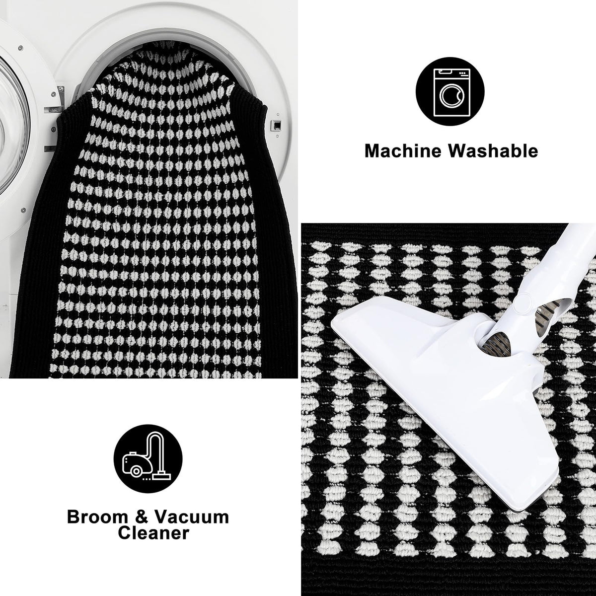 Ileading Kitchen Mat Sets 3 Piece Minimalist 3D Lattice Kitchen Floor Rugs with Non Slip Rubber Backing Machine Washable Farmhouse Runner Rugs for Laundry Hallway Doormat(Black)