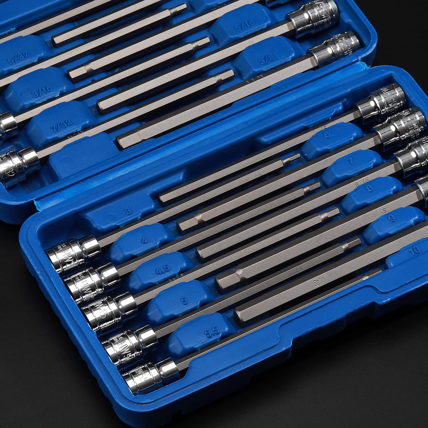 Mayouko 3/8" Drive Extra Long Allen Hex Bit Socket Set, S2&CR-V, Metric&SAE, 18 Pieces, 1/8" - 3/8", 3-10 mm