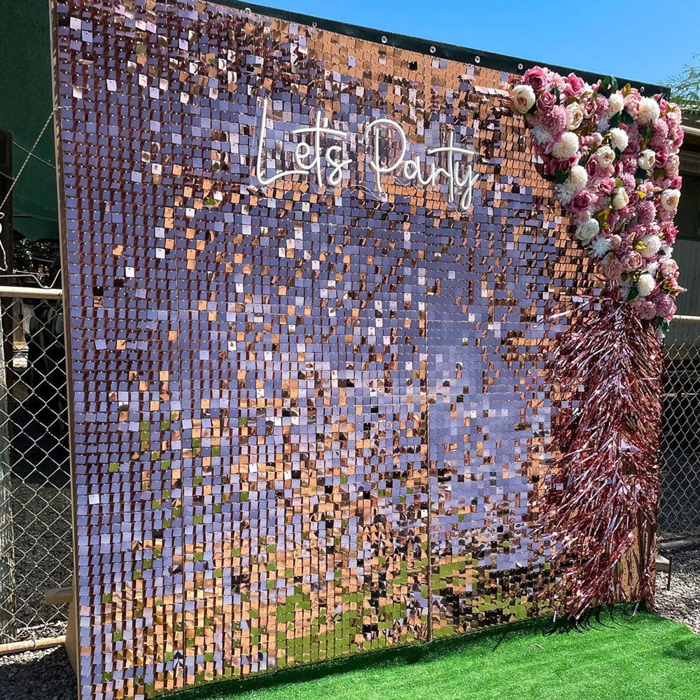 COKAOBE Rose Gold Shimmer Wall Backdrop, 24PCS Square Sequin Shimmer Backdrop Panels, Photo Backdrops for Birthday, Anniversary Wedding Engagement Decoration