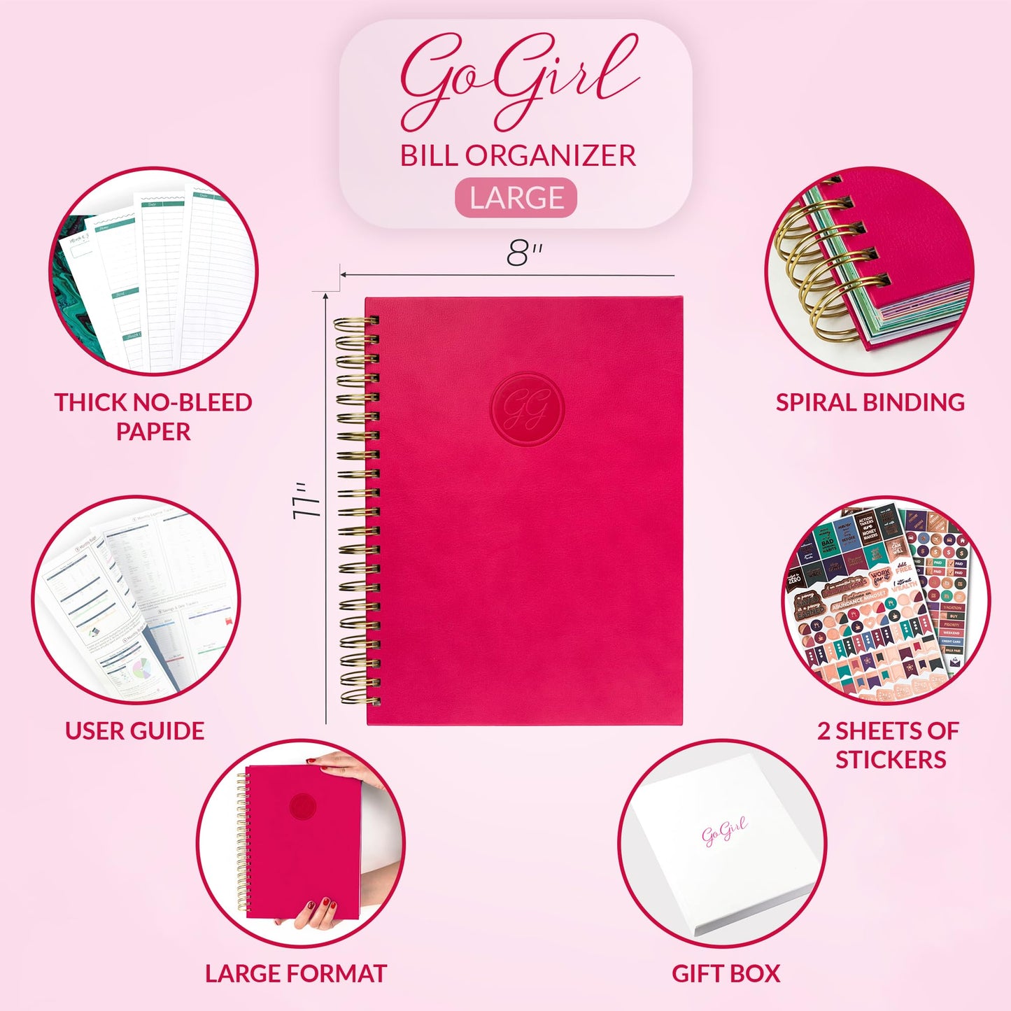 GoGirl Budget Planner & Monthly Bill Organizer – Monthly Financial Book with Pockets. Expense Tracker Notebook Journal to Control Your Money, A4-sized Spiral-bound Hardcover, Lasts 1 year – Hot Pink
