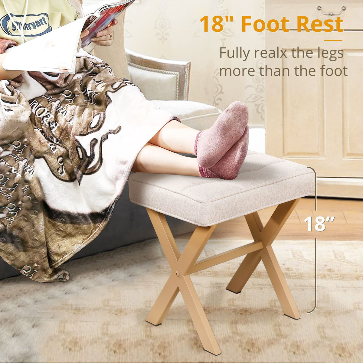 LUE BONA Vanity Stool, Square Linen Makeup Stool with Metal X Legs, Modern Padded Vanity Seat Foot Rest Stool for Makeup Room, Bathroom, Linen Color