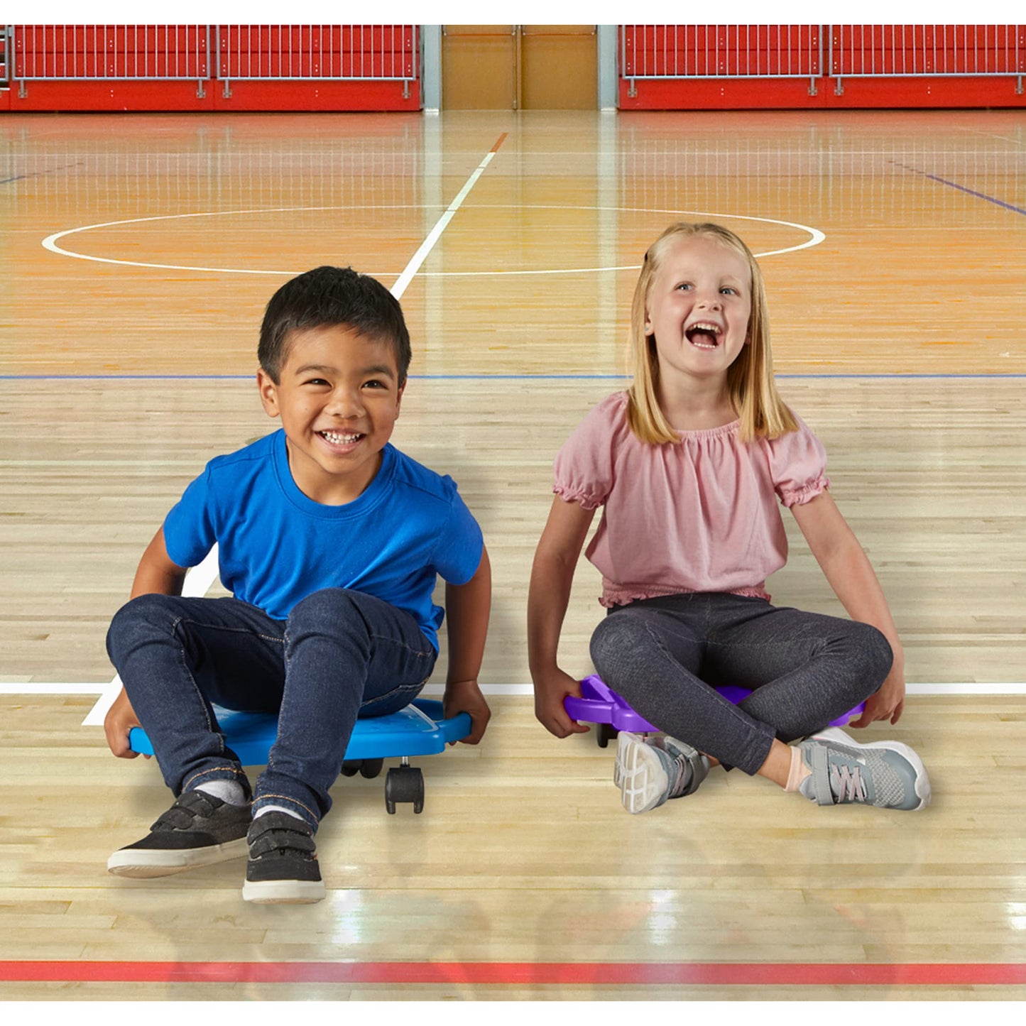 hand2mind Blue Indoor Scooter Board with Safety Handles for Kids Ages 6-12, Plastic Floor Scooter Board with Rollers, Physical Education for Home, Homeschool Supplies (Pack of 1)
