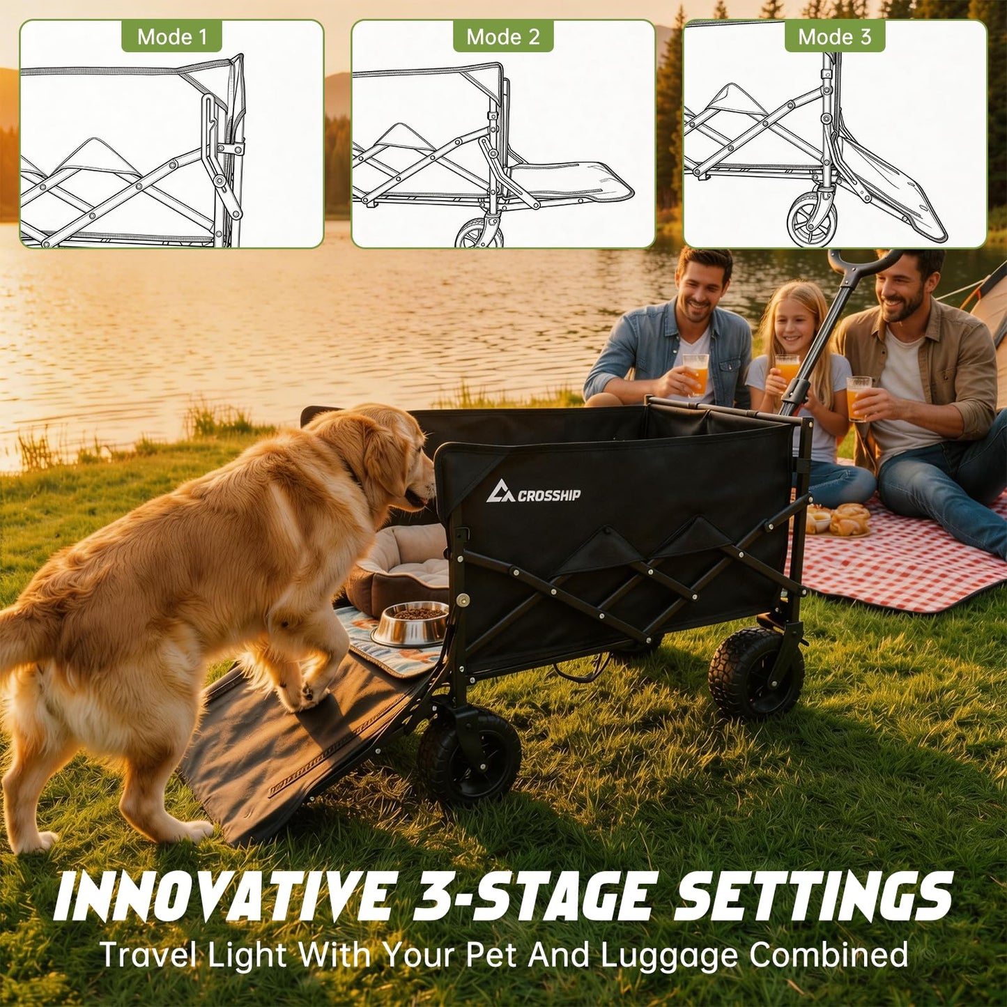 CROSSHIP Collapsible Pet Wagon Cart with Drop-Down Tailgate - Foldable Wagon Carts 150L & 330LBS Folding Wagons, All-Terrain Wheels Utility Wagon for Camping with 1 Medium Dog or 2 Small Puppies