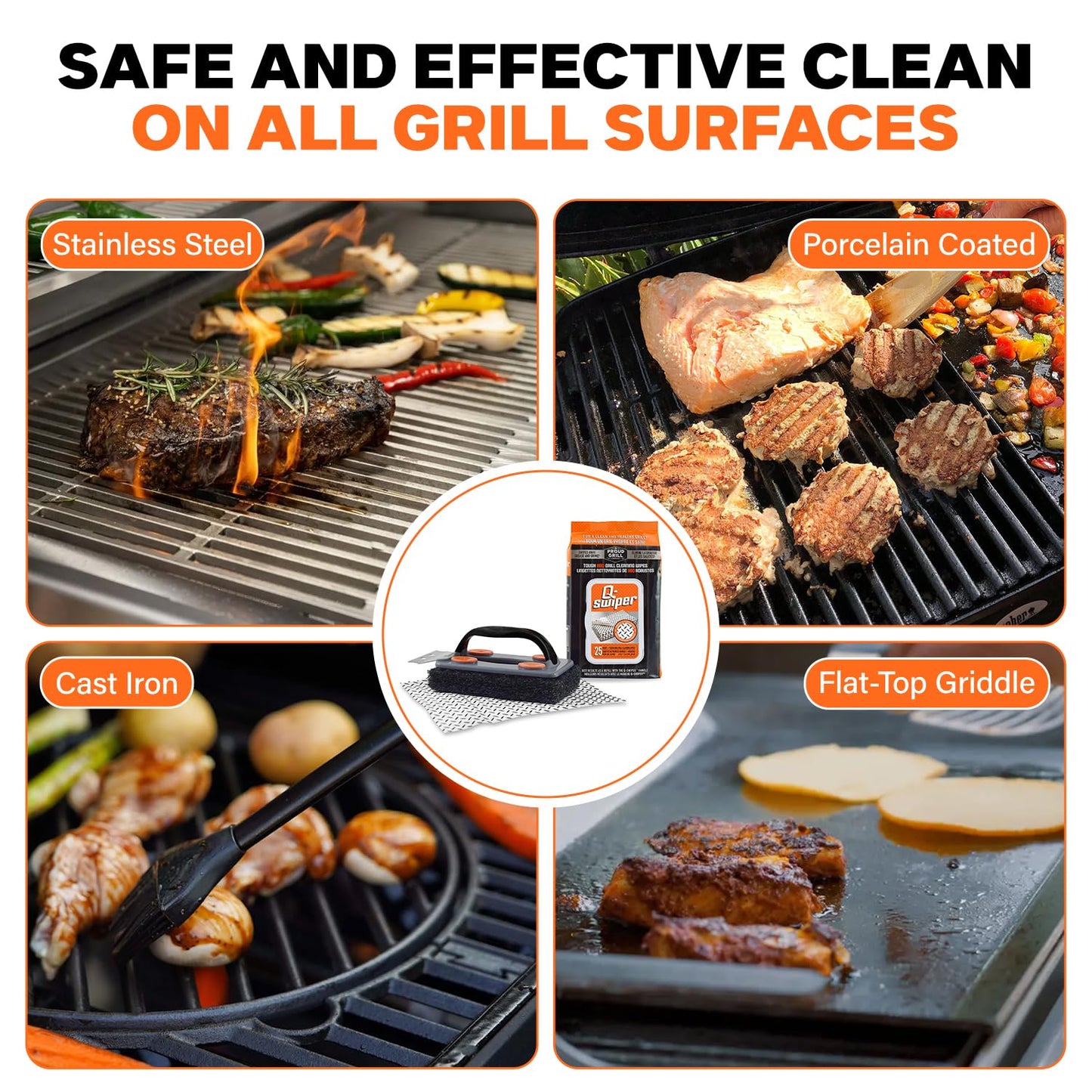 Q-Swiper BBQ Grill Cleaner Set - 1 BBQ Brush with Scraper and 80 Grill Cleaning Wipes | Bristle Free & Wire Free | Safe Way to Remove Tough Grease and Grime