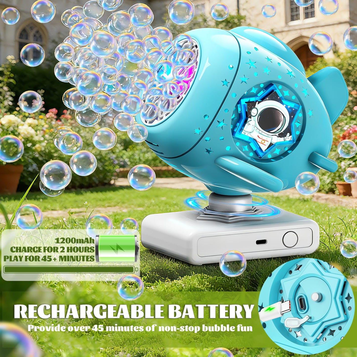 Sitodier Rechargeable Bubble Machine, Automatic 360° Rotatable Bubble Maker Toys with Light, Spaceship-Shaped Bubble Blower for Kids Toddlers, Easter, Birthday, Parties, Wedding, Outdoor Activities