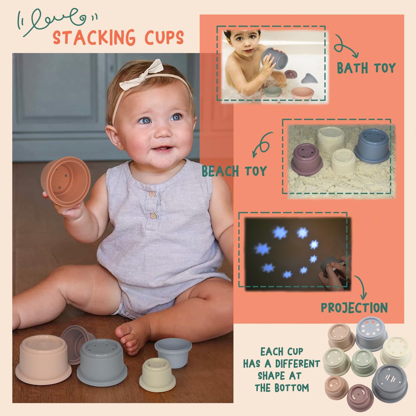 MutoToy ® Baby Toys 6-12 Months, 6 in 1 Montessori Toys for Babies, 42PCS Sensory Toys with Stacking Cups, Suction Cup Spinner Toys, Baby Tissue Box Toy, Shape Sorter, Stacking Rings, Baby Blocks