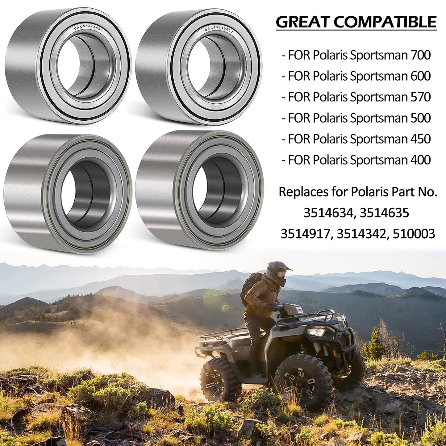 4 Pcs Front and Rear Wheel Bearings for Polaris Ranger 400 500 700 Sportsman 400 450 500 600 700 X2 HO EPS XP EFI Replace OE 3514634 3514635