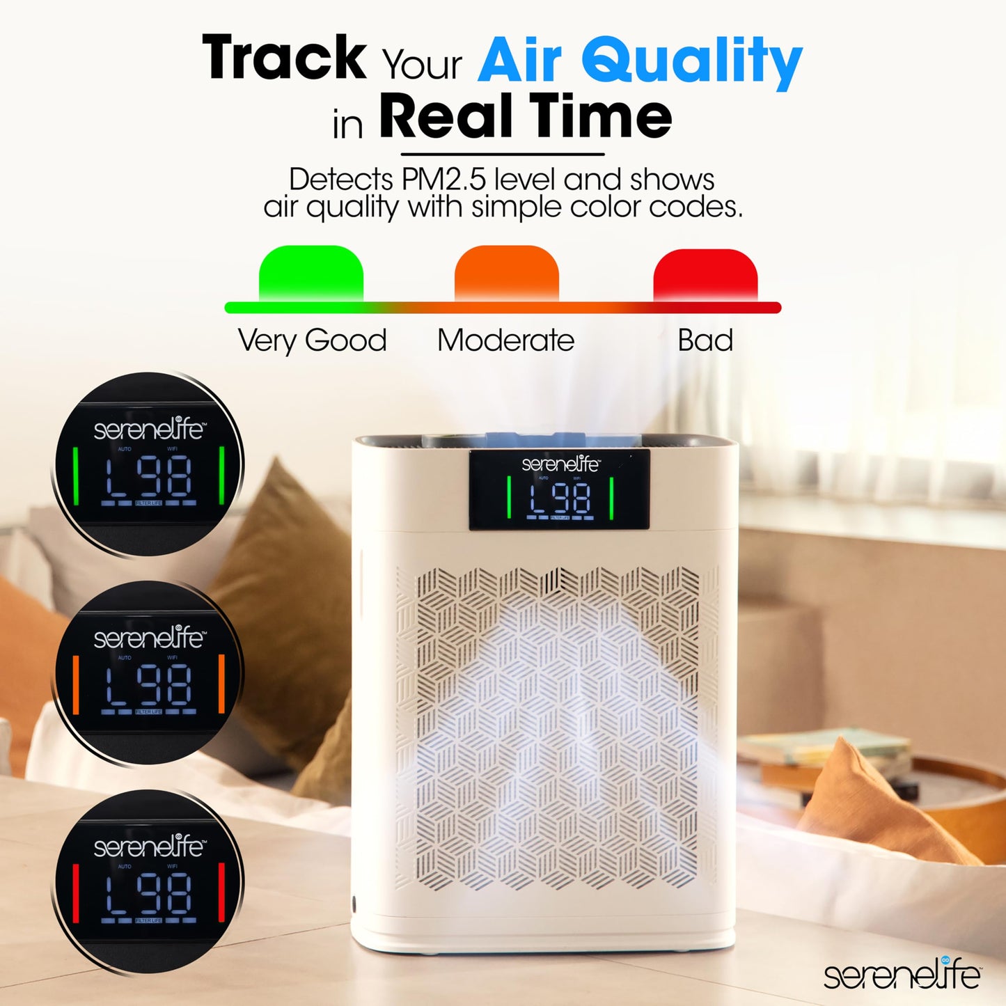 SereneLife HEPA Air Purifier for Home – Smart WiFi & App Control, Ultra-Quiet Air Purifier for Bedrooms & Large Rooms, Removes Dust, Pet Hair & Odors, Ideal for Pets & Allergies 1,076 Sq Ft