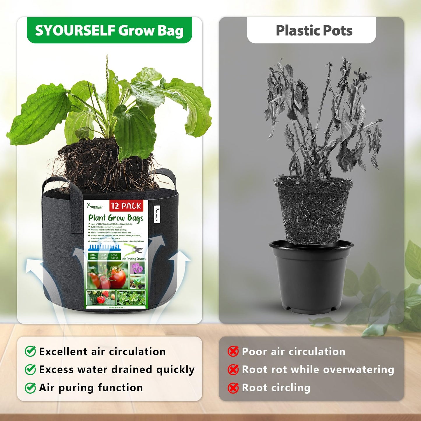 SYOURSELF Grow Bags 12 Pack 10 Gallon Grow Bags,300G Thickened Nonwoven Fabric Pots with Handles Potato Grow Bags Garden Bags for Vegetable Flower Garlic (12 Plant Lables+1 Pruning Scissors Included)