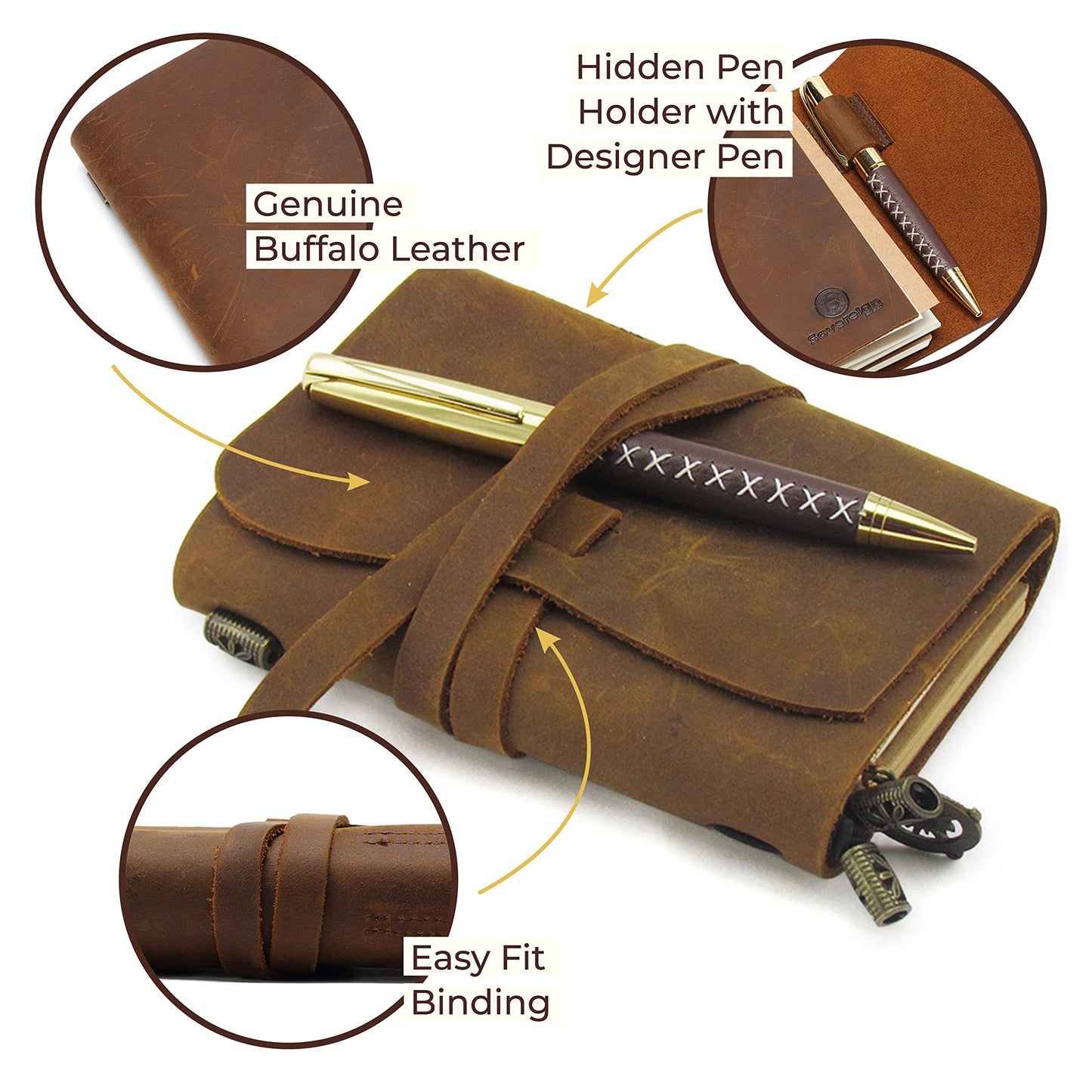Passport Travelers Notebook Pocket Refillable Leather Journal Amazing Bundle - Small Vintage Genuine Leather Notebook for Writing, Travel Diary, Daily Planner TN 5.4 x 4.3 Pen Holder 3 Papers Zipper