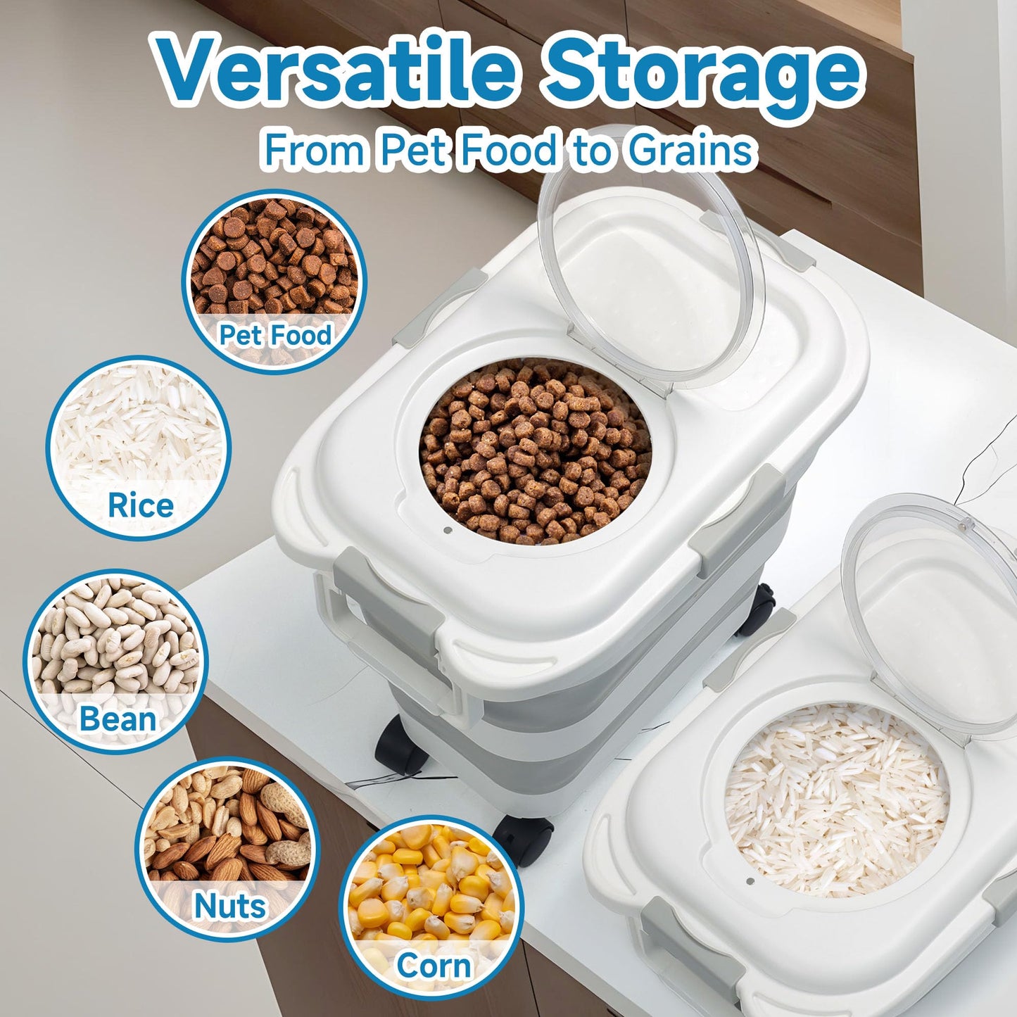 Adorabby Dog Food Storage Container, 25-30Lbs Travel Collapsible Pet Food Container with Airtight Lids, Wheels, Scoop, Handle for Dog/Cat/Bird/Rice Food,Keep Dry Food Fresh,Easy to Move, White