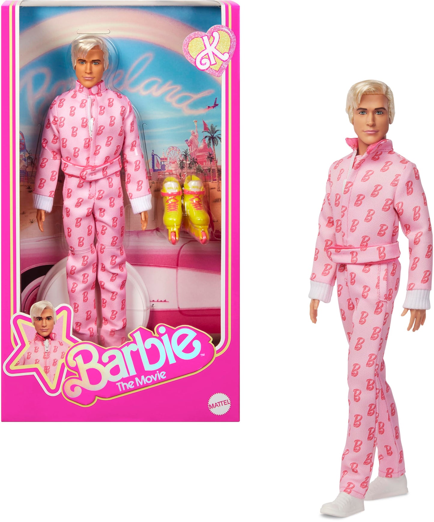 Barbie The Movie Ken Collectible Doll, Ryan Gosling as Ken Wearing Pink Jumpsuit with “B” Detail with White Sneakers and Multicolor Roller Skates