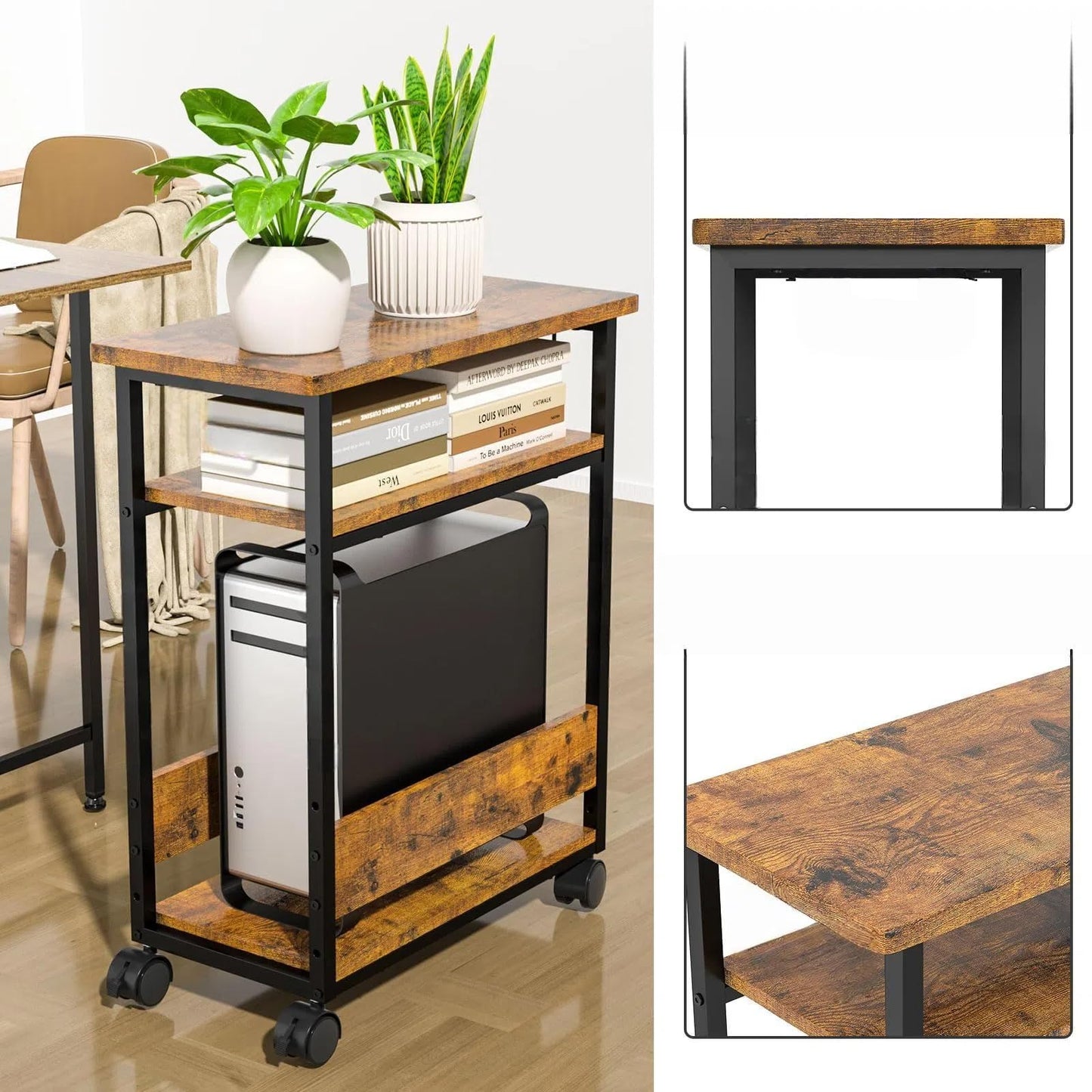 Mobile Printer Stand, 3-Tier Printer Cart Under Desk with Storage, Industrial Rolling Cart, Sturdy Little Table on Wheels