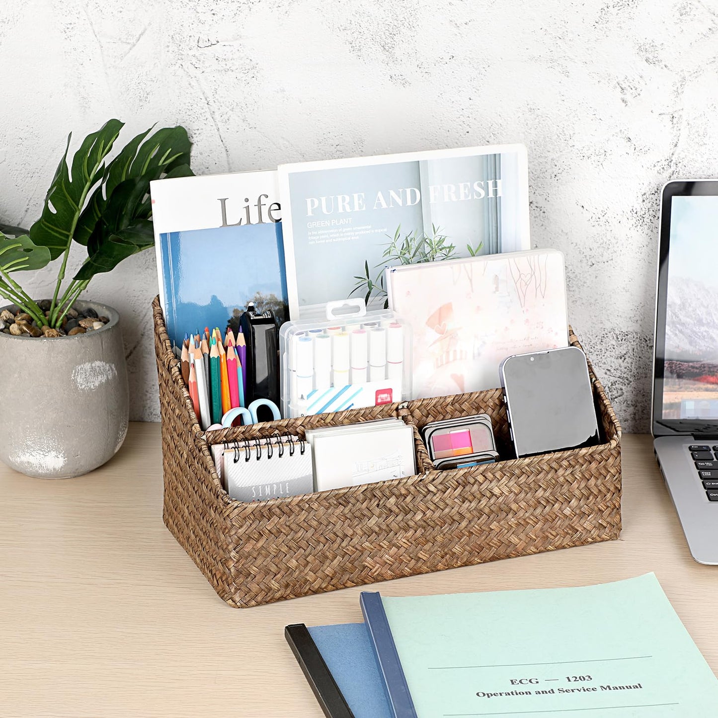 BTSKY Natural Seagrass Desk Organizer, Handmade Woven Wicker Mail Sorters with 4 compartments, Office Supply Caddy Accessories Holder Organizer for School, Home