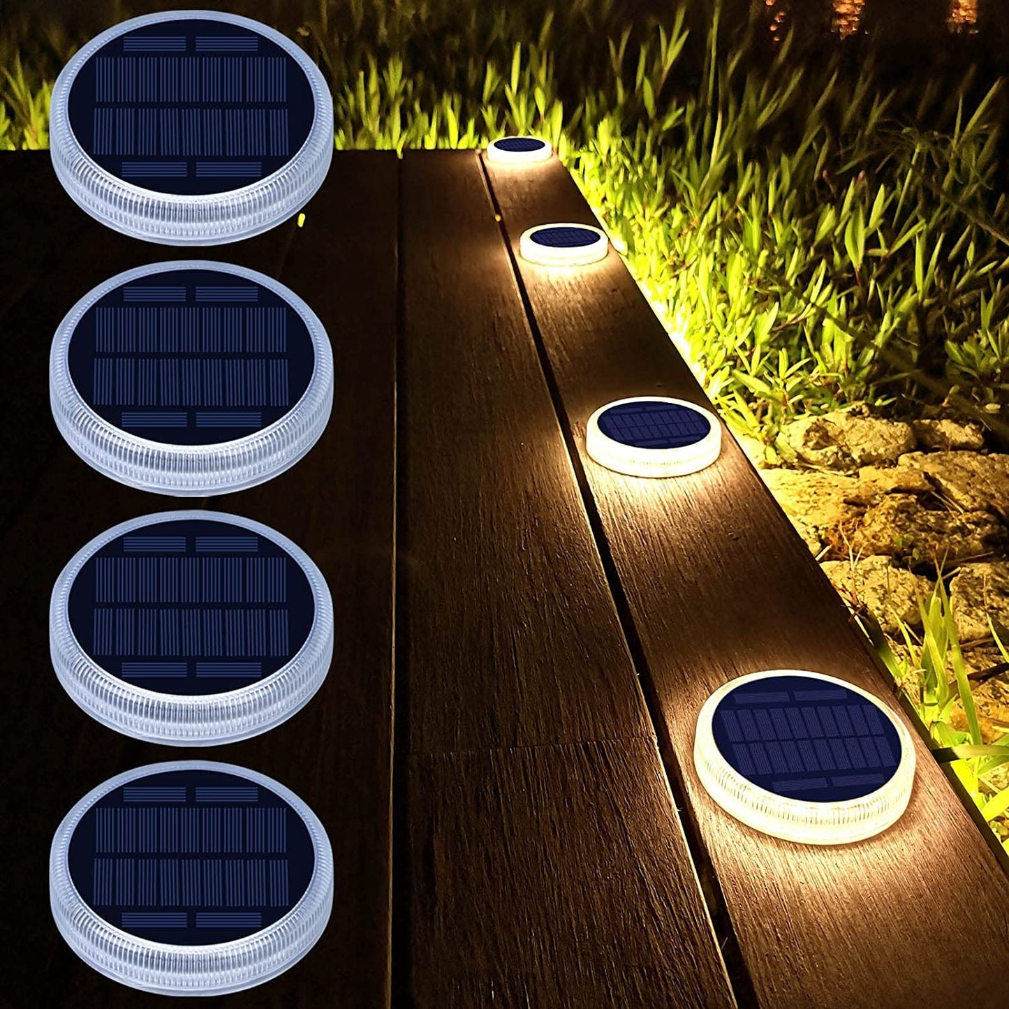 Lacasa Solar Deck Lights, 4 Pack Solar Powered Step Lights LED Dock Driveway Walkway Lights, IP68 Waterproof Auto ON/Off Solar Outdoor Landscape Lighting for Garden Stairs Pathway, Warm White 3000K