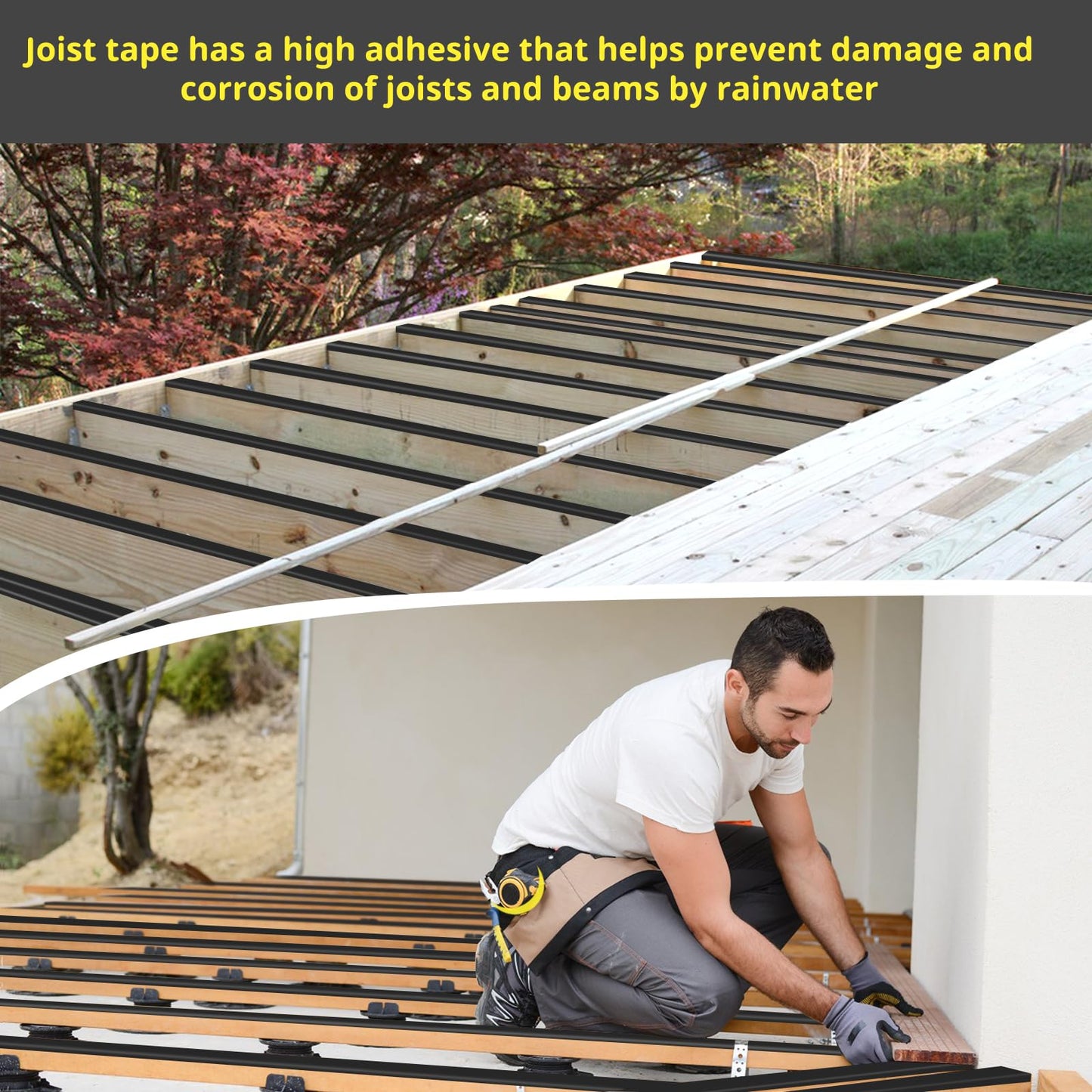 Hanotic Joist Tape for Decking 2'' X 50', 6 Rolls Weather Resistance Butyl Tape, Waterproof and Anti-Corrosion, Self-Adhesive for Wood Joists Decks Beams Roof Rv