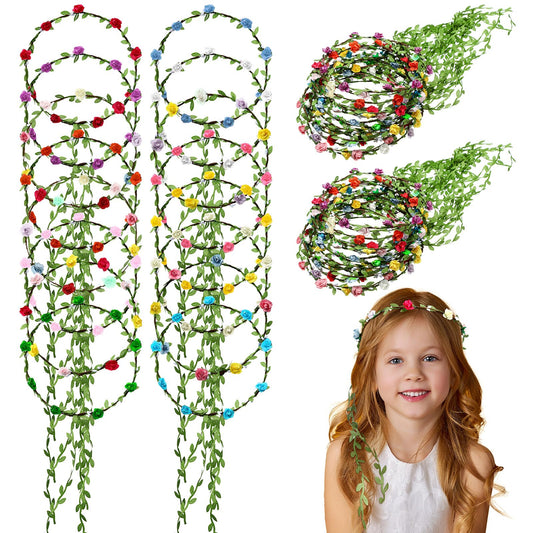 100 Pcs Assorted Colored Flower Crown Bohemian Floral Garland Headbands for Women Green Leaves Garland Headpiece for Girls