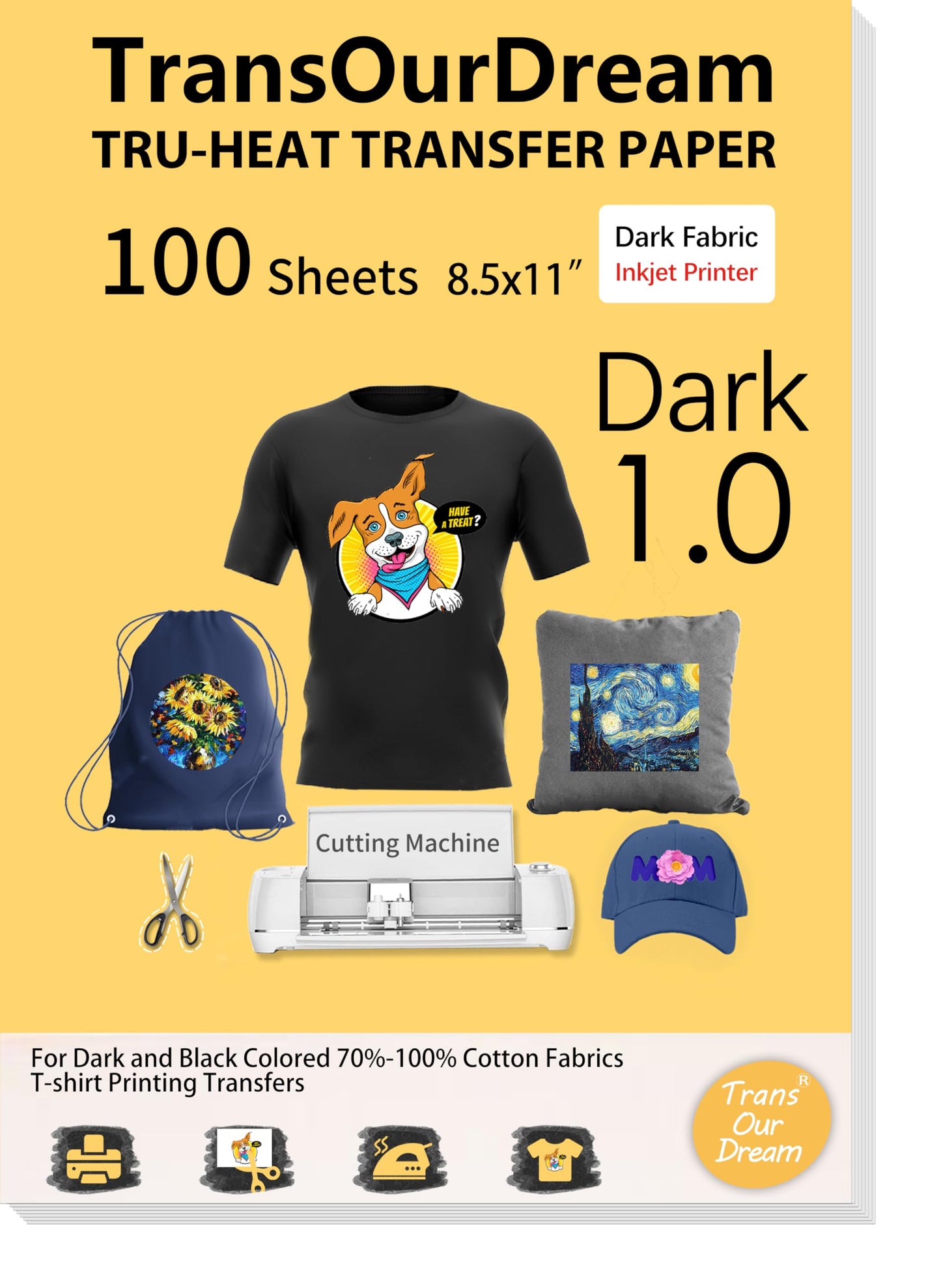 TransOurDream Iron on Heat Transfer Paper for Dark Fabric (100 Sheets, 8.5x11) T Shirt Transfers Paper for Inkjet Printer Printable Iron-on Heat Transfer Vinyl for T-Shirts (TRANS-D1-100)