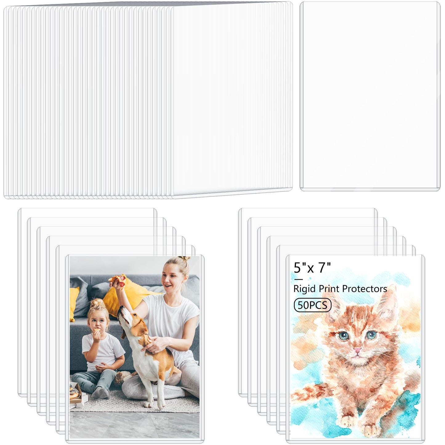 AKONEGE 50PCS 5" x 7" Rigid Print Protectors Clear Waterproof Hard Plastic Page Sheet Protectors Rigid Sheet Protectors Top Loading Photo Card Plastic Sleeves Paper Document Holder