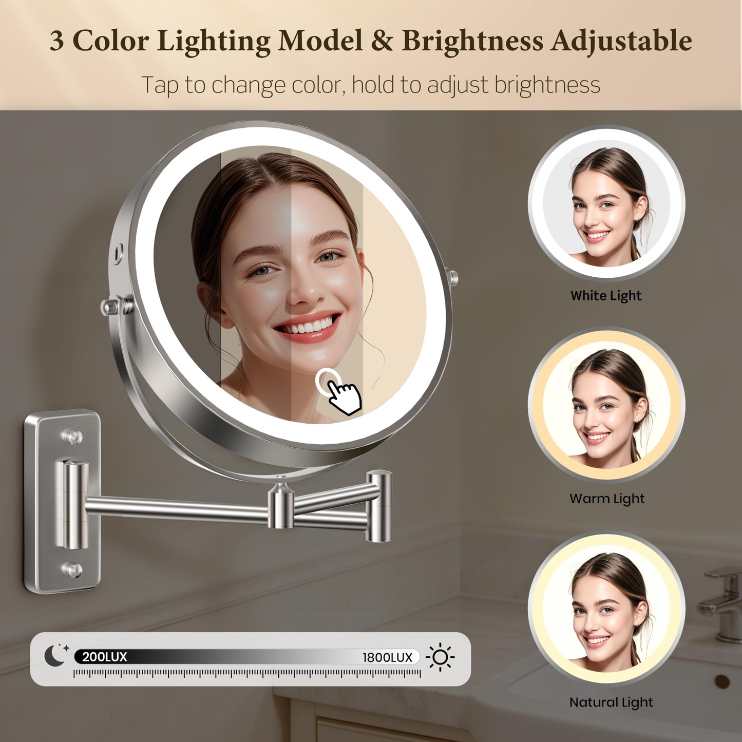 5000mAh Rechargeable Wall-Mounted Lighted Makeup Mirror, 15X HD Magnifying Mirror with 3-Color Dimmable LED Lights, Touch-Sensitive Control, 17" Extendable 360° Swivel Bathroom Mirror, Pearl Nickel