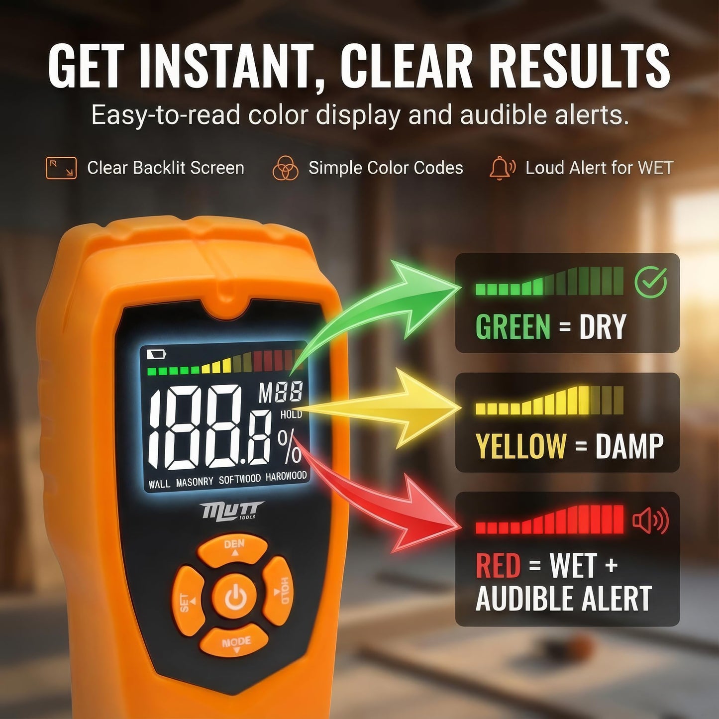 Mutt Tools Pinless Moisture Meter for Drywall – Non-Destructive Wood Moisture Meter for Walls, Wood and Masonry – Detects up to 2 Inches Below the Surface