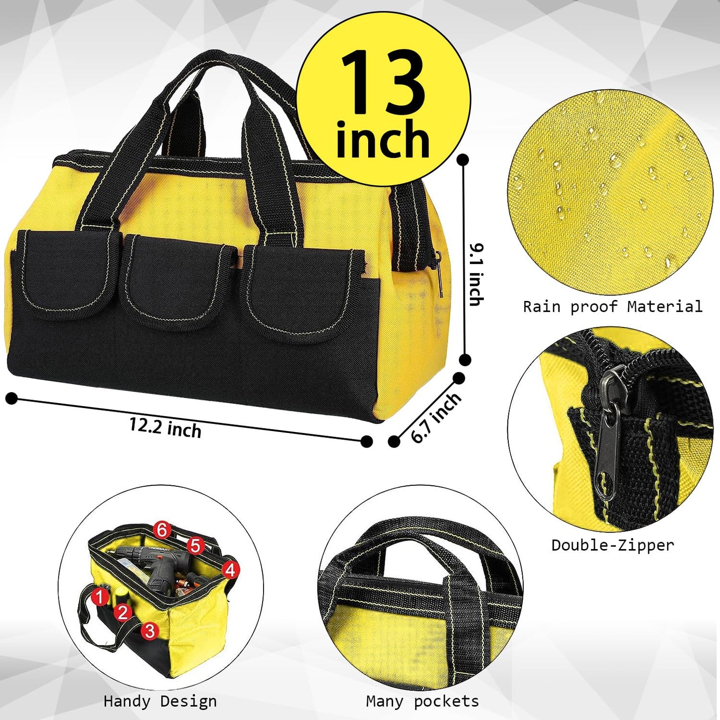 Tool Bag 13 Inch, 3 Pack Tool Bags For Men With Waterproof Hard Bottom, Heavy Duty Tool Bag Wide Mouth Tool Tote for Various Tools, Electrician Carpenter Mechanic