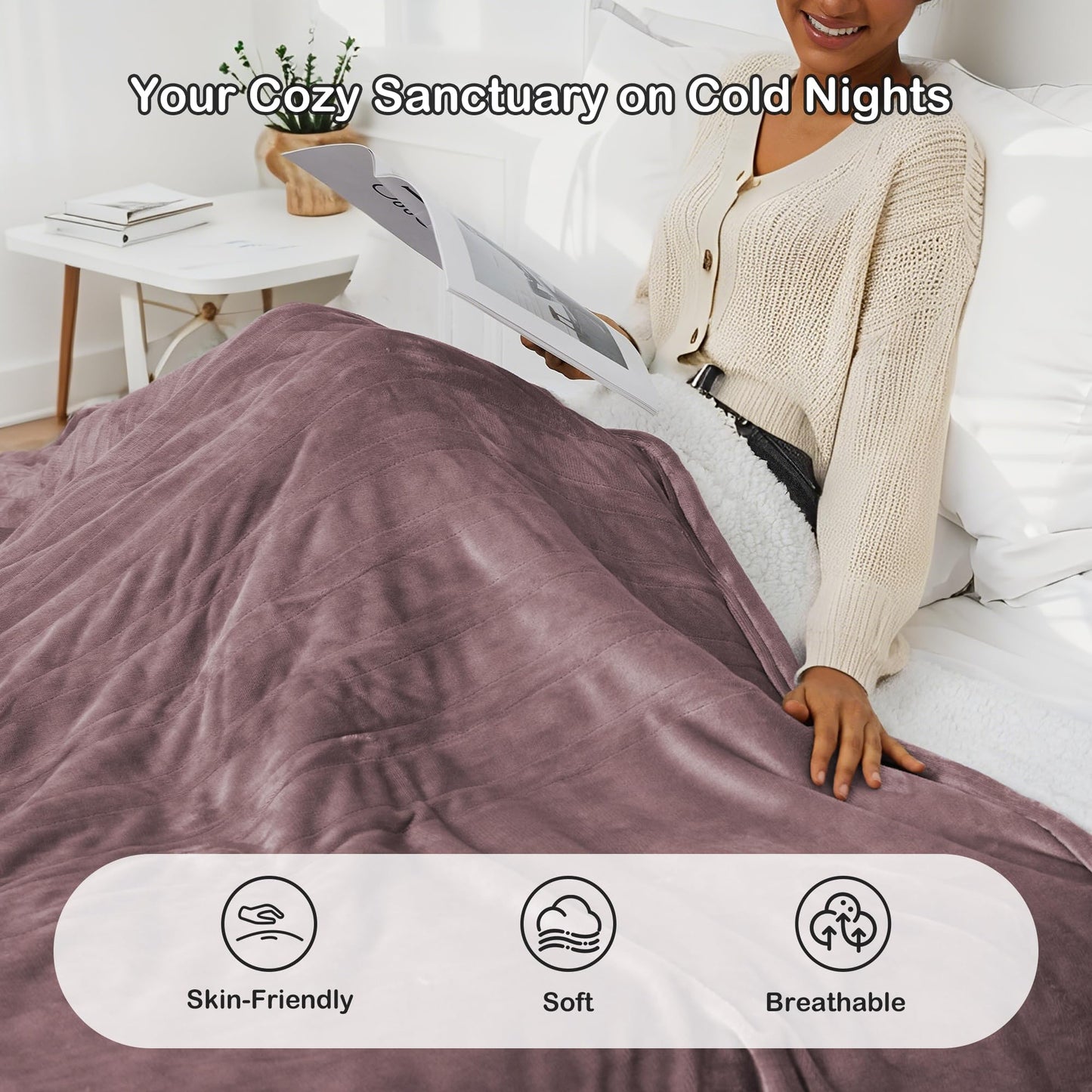 Eydna Electric Heated Blanket Queen Size 84'' x 90''- Soft Plush Flannel Heating Blanket with Dual Controller 10 Heating Level & 1-12 Hour Auto Off, Machine Washable, Purple