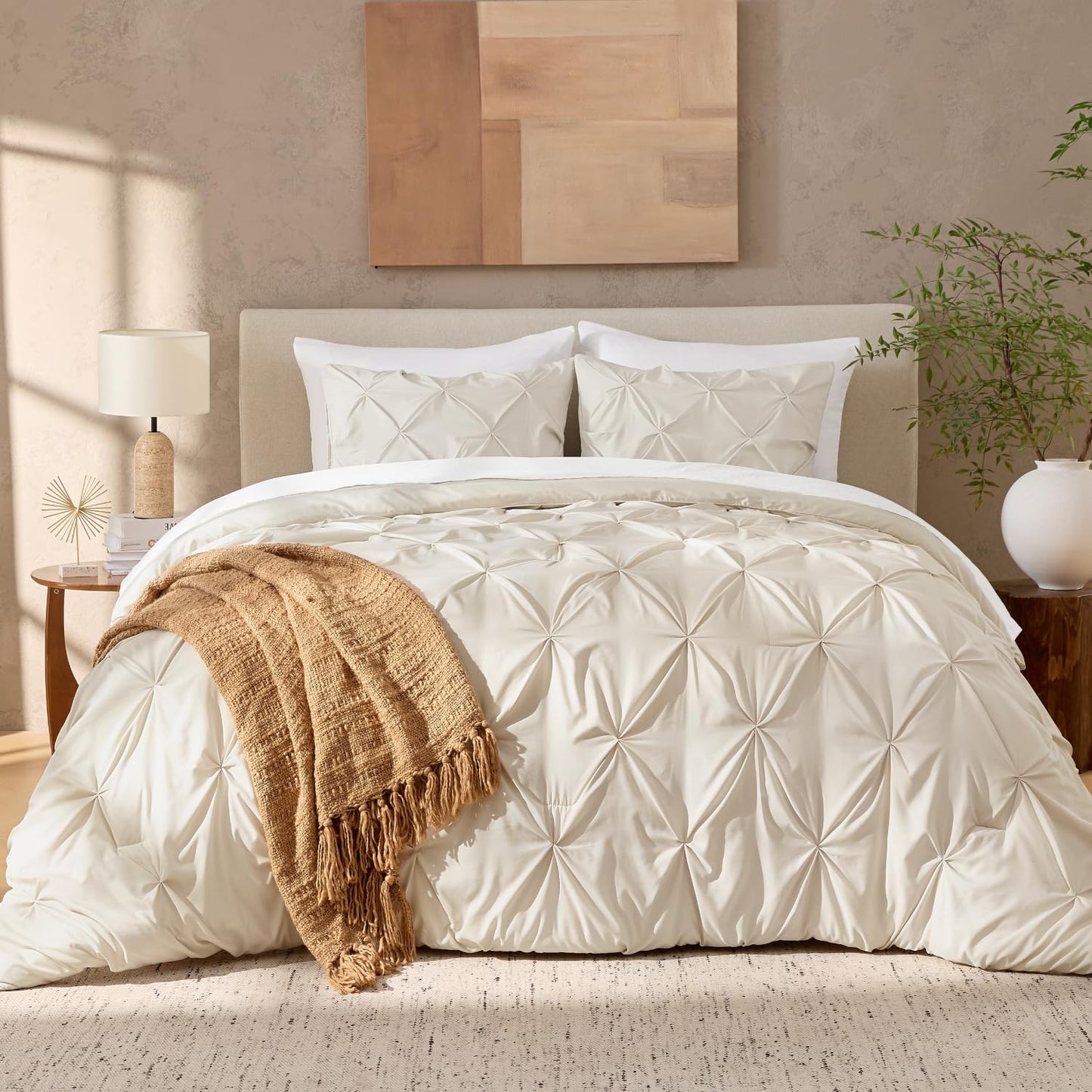Andency Beige Comforter King (104x90Inch), 3 Pieces Pinch Pleat Lightweight Soft Comforter Set, All Season Pintuck Polyester Bedding Set