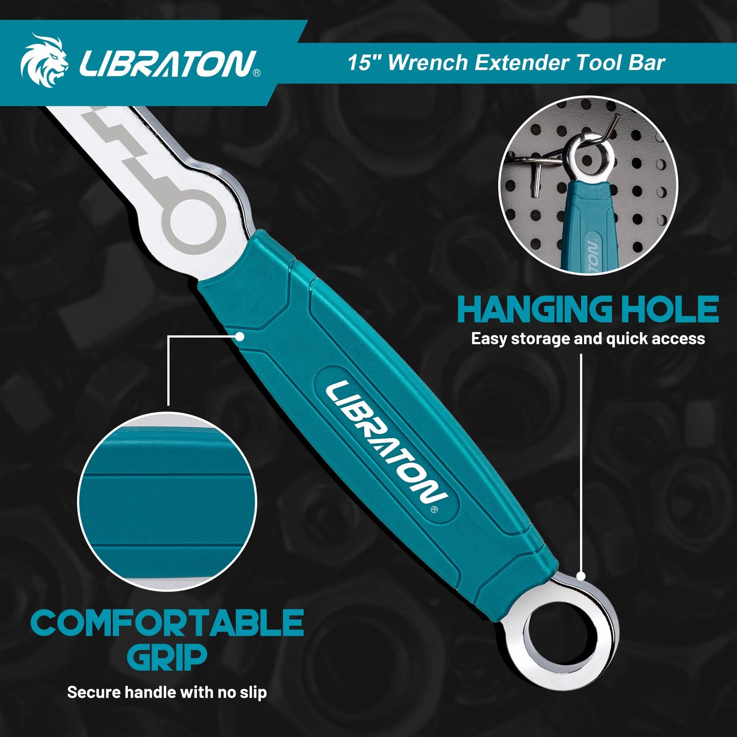 LIBRATON 15" Wrench Extender Tool Bar, Heavy Duty Universal Wrench Extender for Maximum Leverage, Torque Adaptor Extension for Automotive Repair & Mechanic, Extension Wrench with Non-Slip Grip
