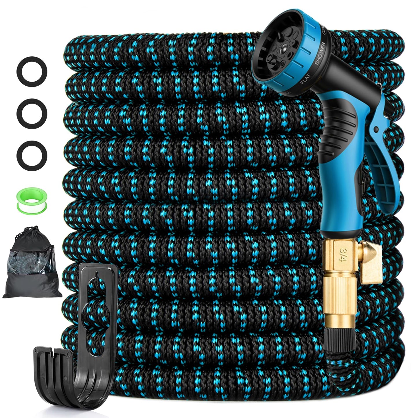 Expandable Garden Hose 100FT, Lightweight Water Hose with 10 Function Nozzle & 3/4" Solid Brass Fittings,Kink Free Retractable Collapsible Flexible Gardening Hose Pipe with Hook and Storage Bag,Blue