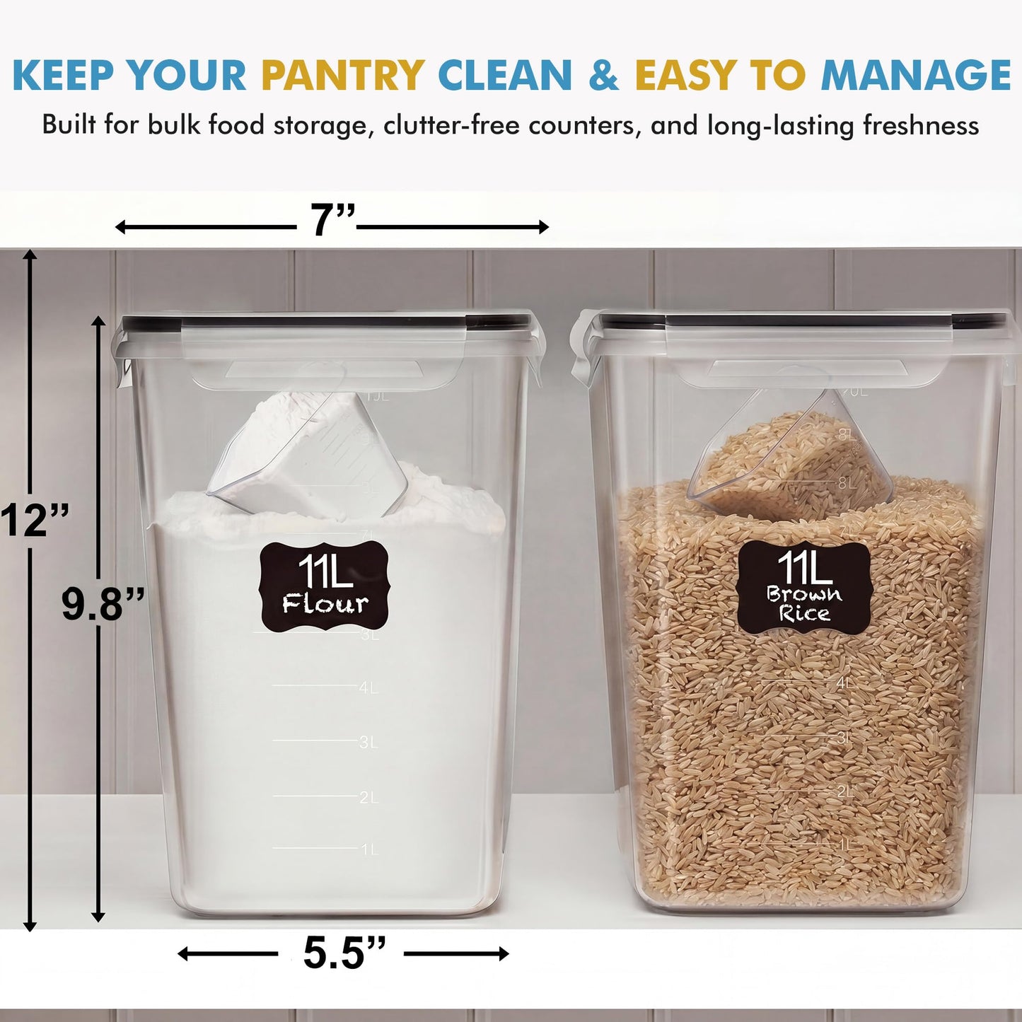 Shazo 2 PC (11L | 372 oz) Flour Sugar Storage Containers with Easy Carry Handle - Plastic Extra Large Food Storage Containers with Lids, BPA Free Airtight Kitchen Canister Set for Rice, Cereal & Pasta