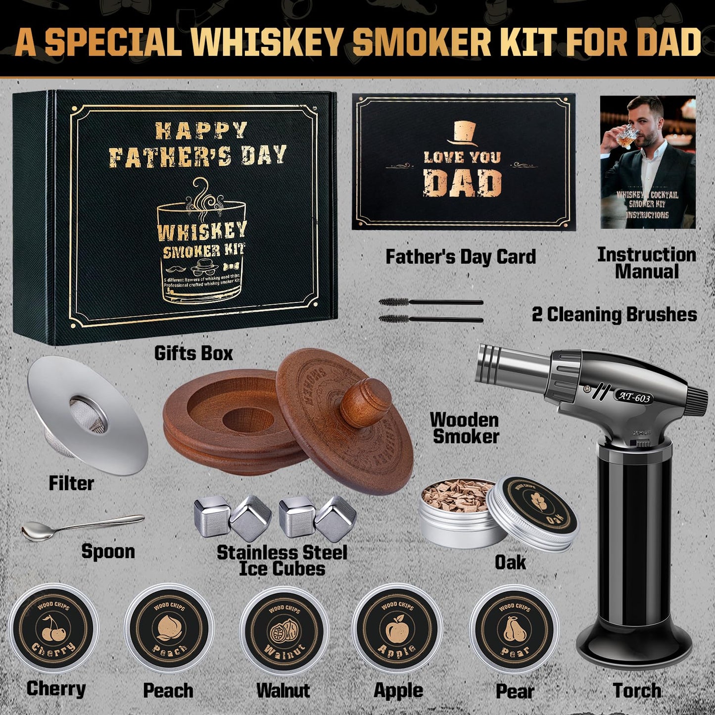 Whiskey Smoker Kit with Torch- 6 Wood Chip Flavors, 4 stainless steel ice cubes - Cocktail Smoker Infuser Kit for Bourbon & Old Fashioned, Birthday Whiskey Gifts for Men, Dad(Without Butane)