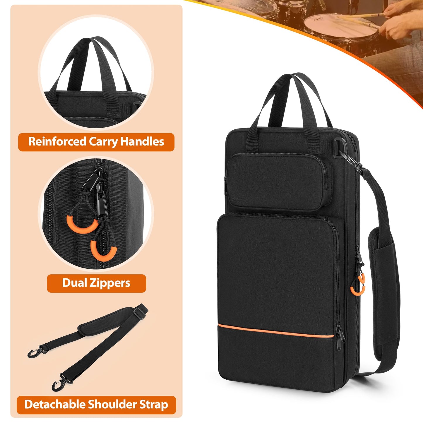 Damero Drumstick Bag, Drumstick Mallet Bag with Detachable Shoulder Strap, Hanging Drum Sticks Bag for Drummers, Beginners in Band, Gig