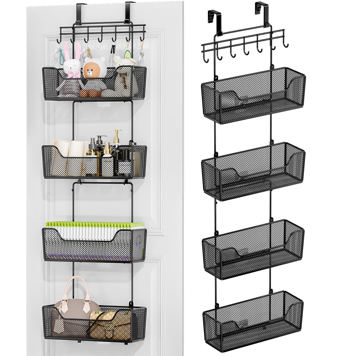 HapiRm Over The Door Organizer - Cabinet Organizers and Storage with 4 Metal Large Capacity Baskets and Adjustable Hanging Hook, Over The Door Hanger for Bathroom Bedroom Kitchen Pantry Closet Cabinet
