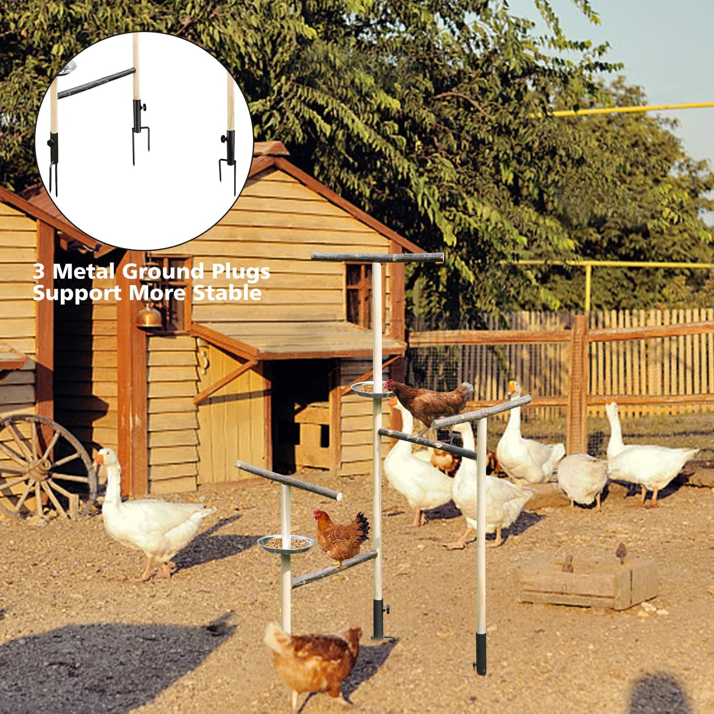 Chicken Perch Chicken Enrichment Toys for Coop Large Chicken Stand Wooden with Metal Ground Plug and Food Plate,Outdoor Poultry Playground Toys Secure Birds Training Platform