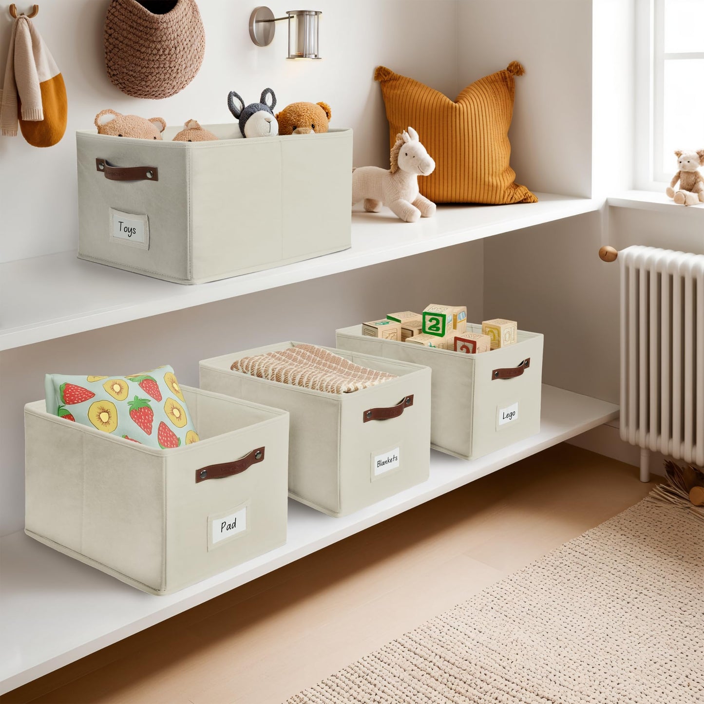 DECOMOMO Fabric Storage Bins 4 Pack, Storage Baskets for Shelves and Closet Organizer, 15 x 11 x 9.9 inches Foldable Kallax Storage Bins with Labels (Beige)